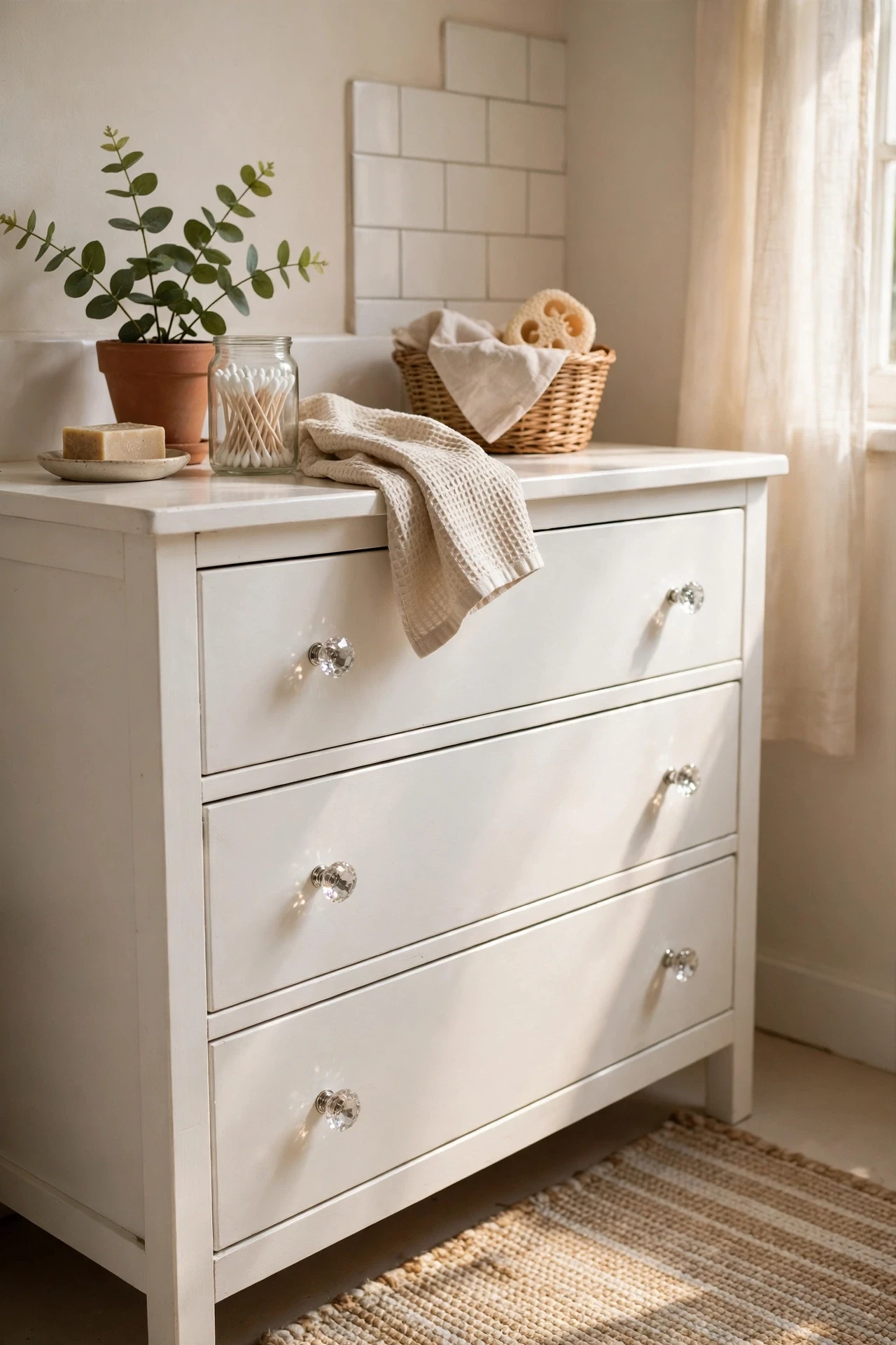 Crystal-style drawer pulls on a white bathroom vanity