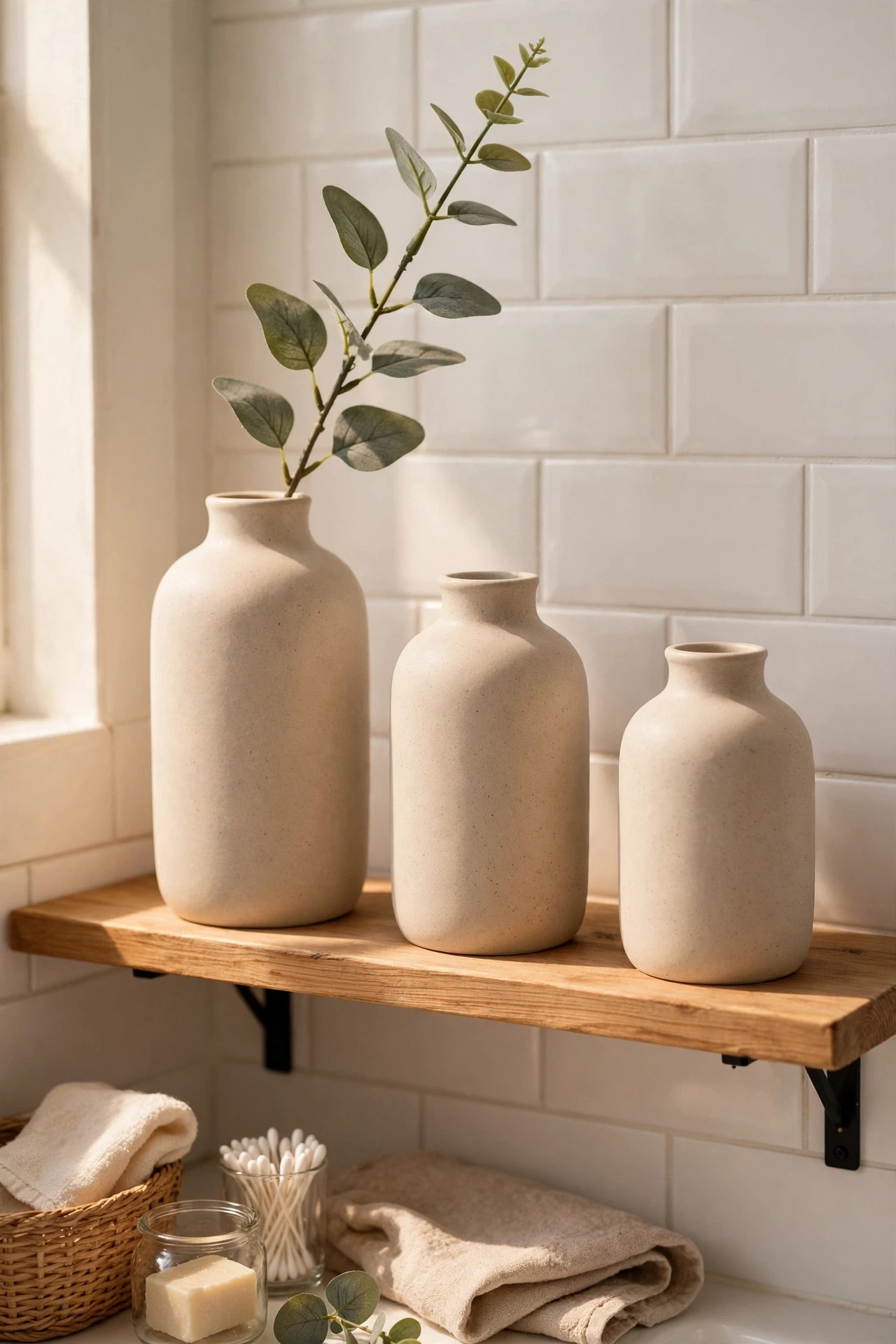 Trio of matching vases in different heights on a bathroom shelf