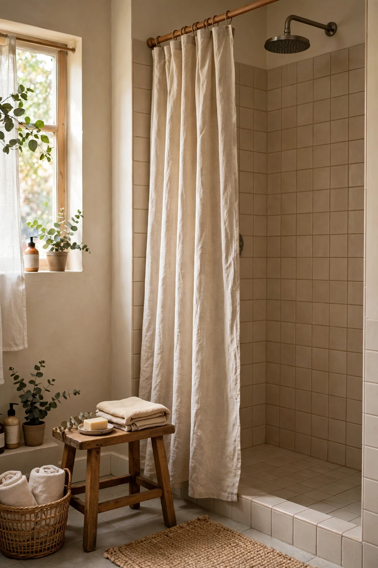 Beige tiled shower with rainfall showerhead, linen curtain and wooden stool