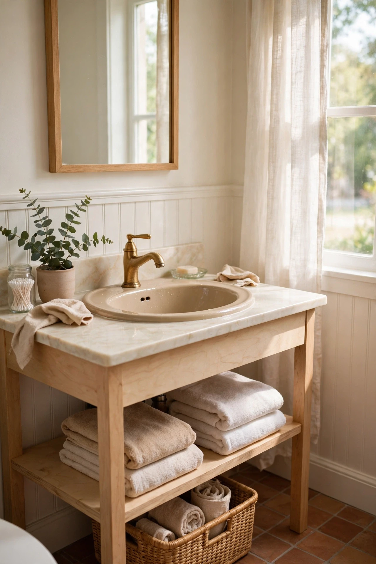 Cream marble vanity top with beige basin and brass faucet in a bright bathroom
