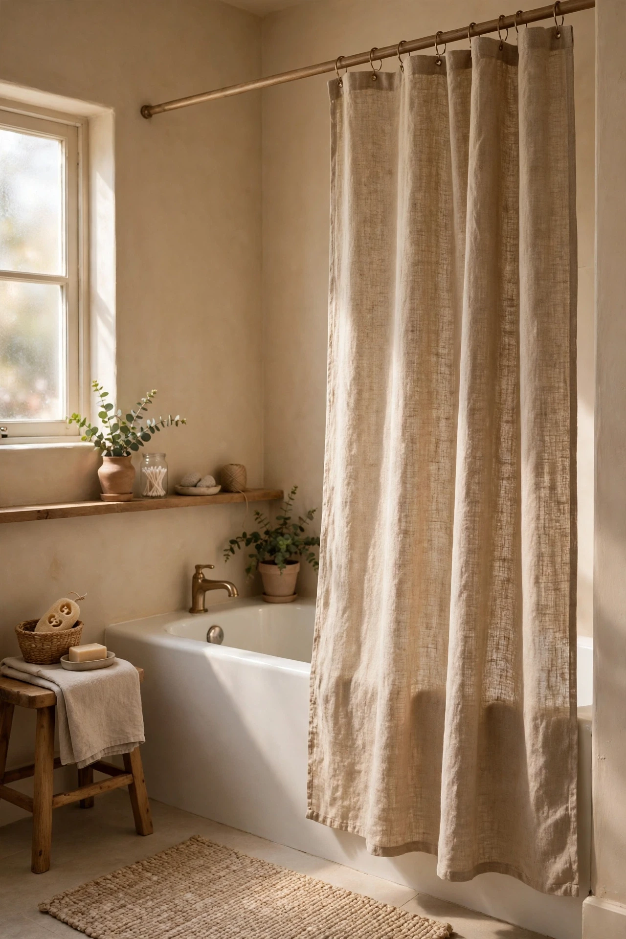 Sandy linen shower curtain in a warm beige bathroom with soft daylight