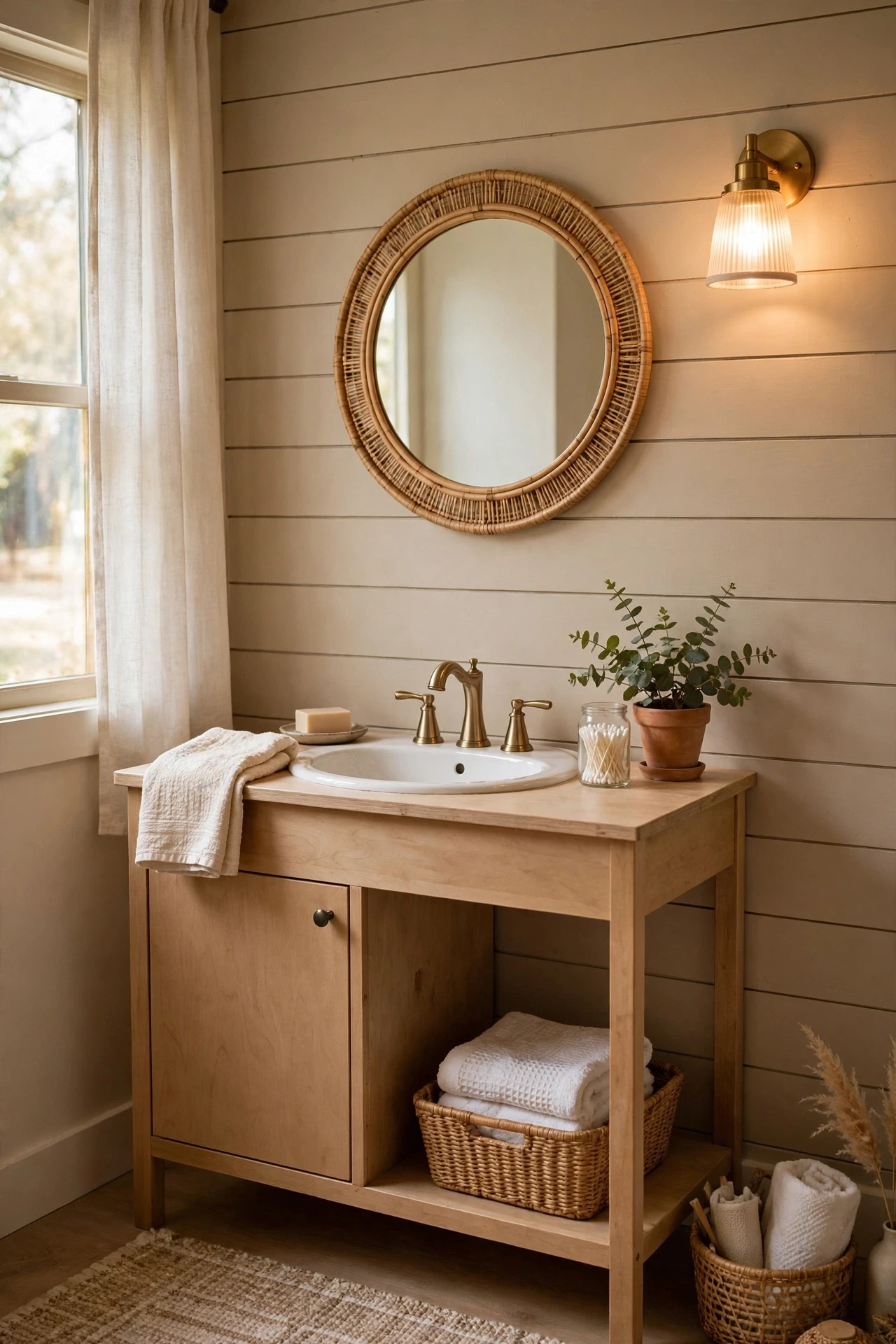 Beige shiplap accent wall behind a bathroom vanity with warm lighting
