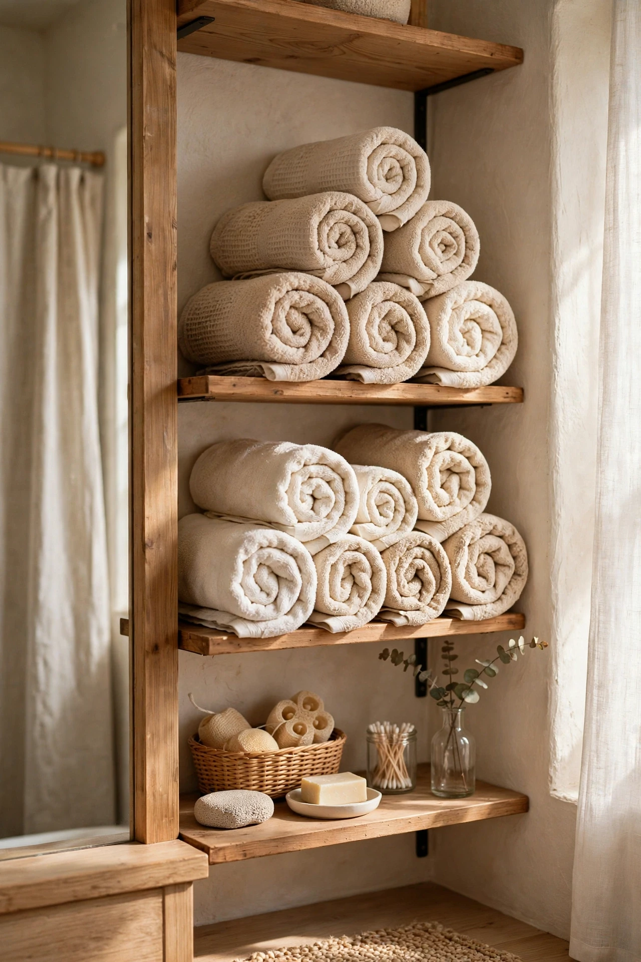 Stack of oatmeal and cream rolled towels on open bathroom shelving