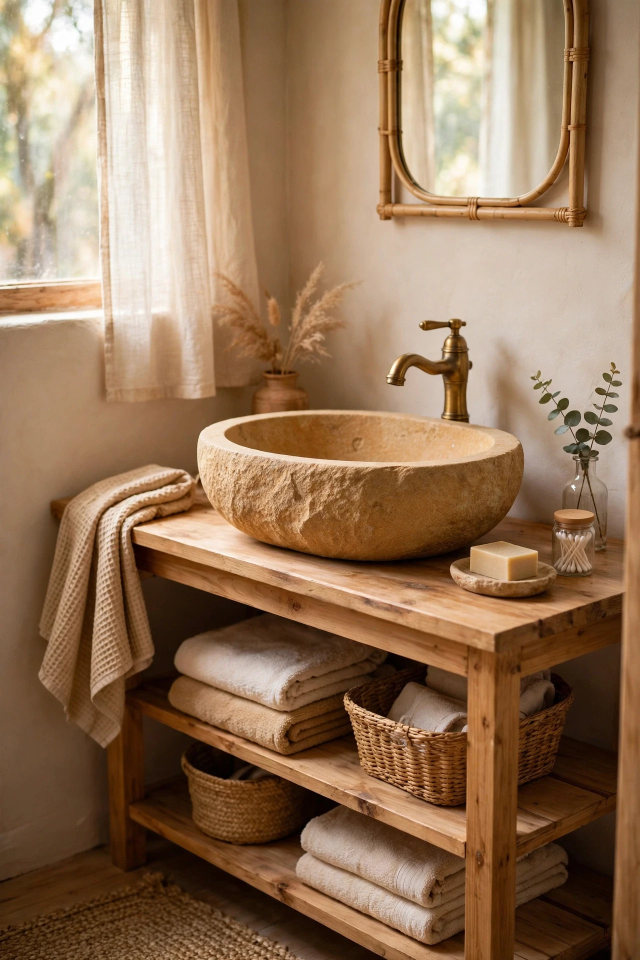 Warm sand stone vessel sink on a wooden vanity with brass faucet