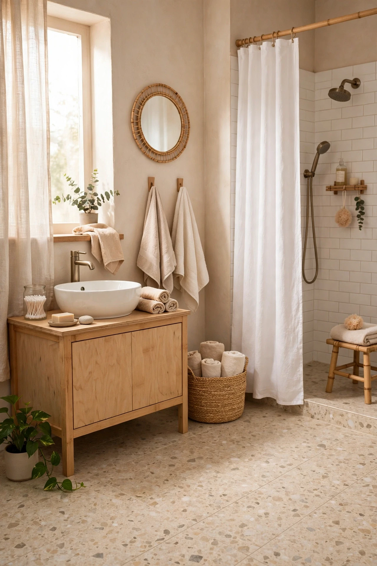 Beige terrazzo floor tiles in a bright spa-like bathroom