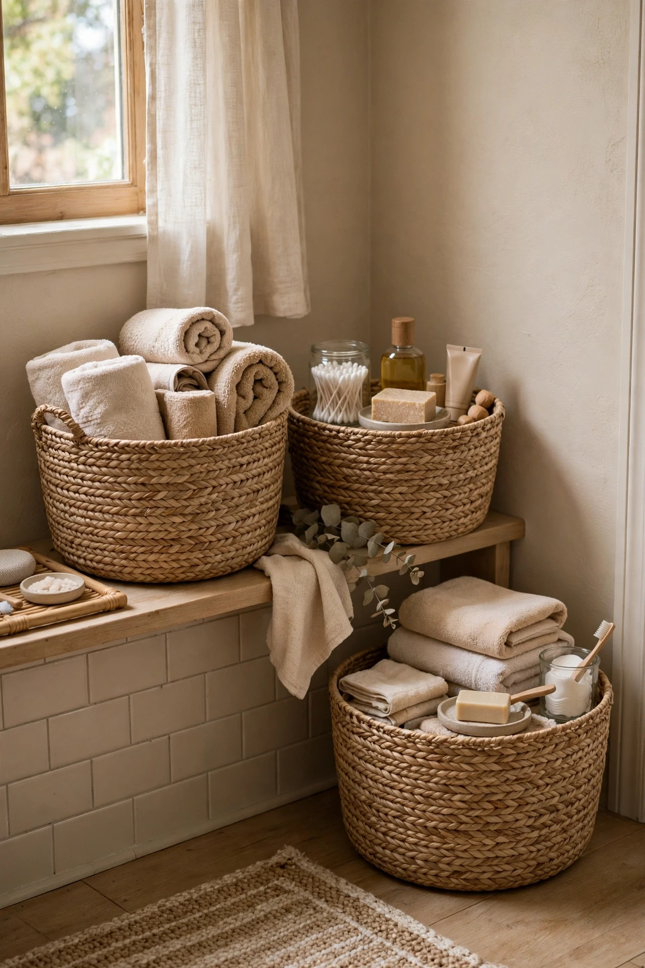 Woven seagrass baskets holding towels and toiletries in a beige bathroom