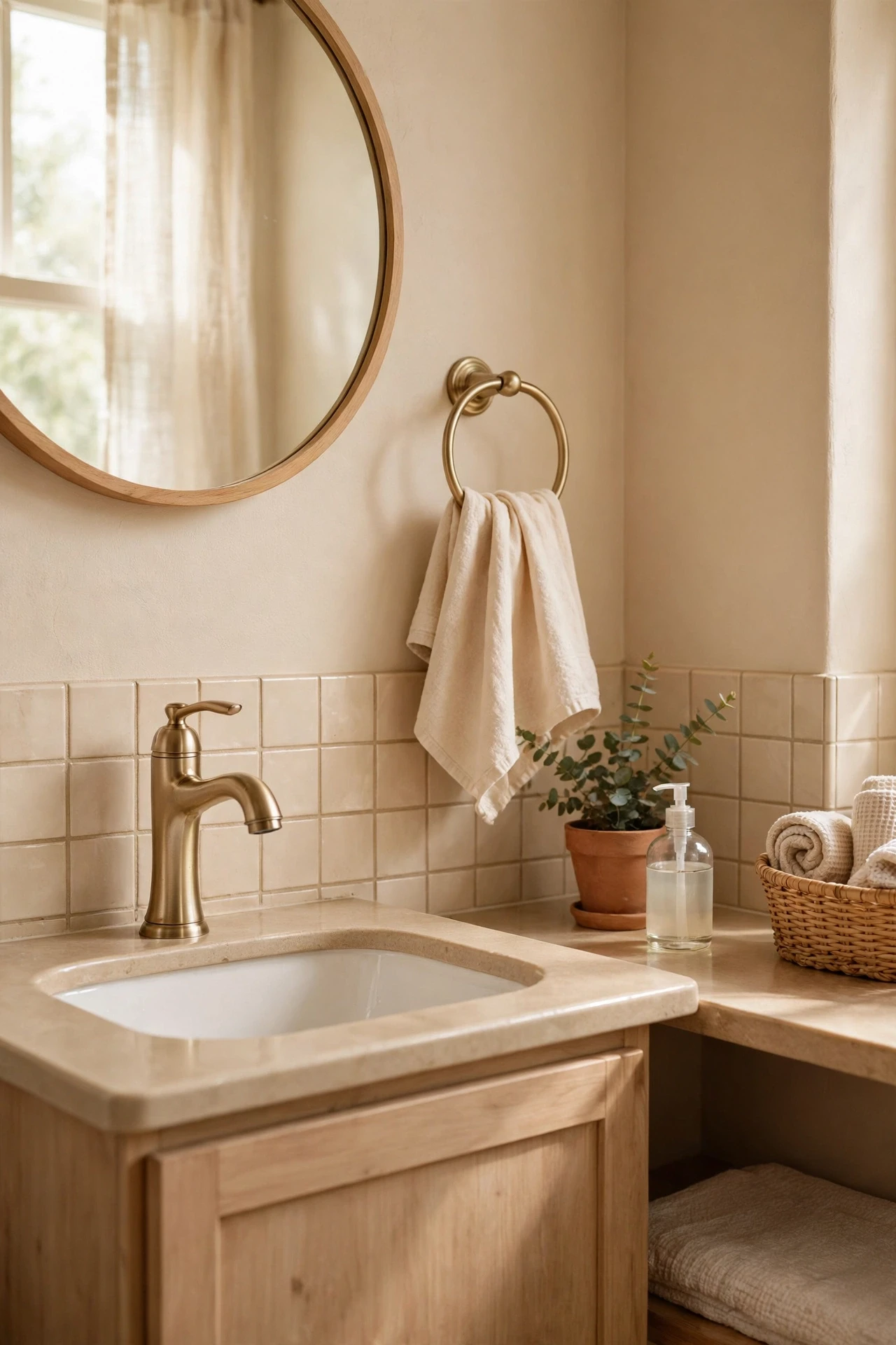 Champagne brass faucet and towel ring in a warm beige bathroom