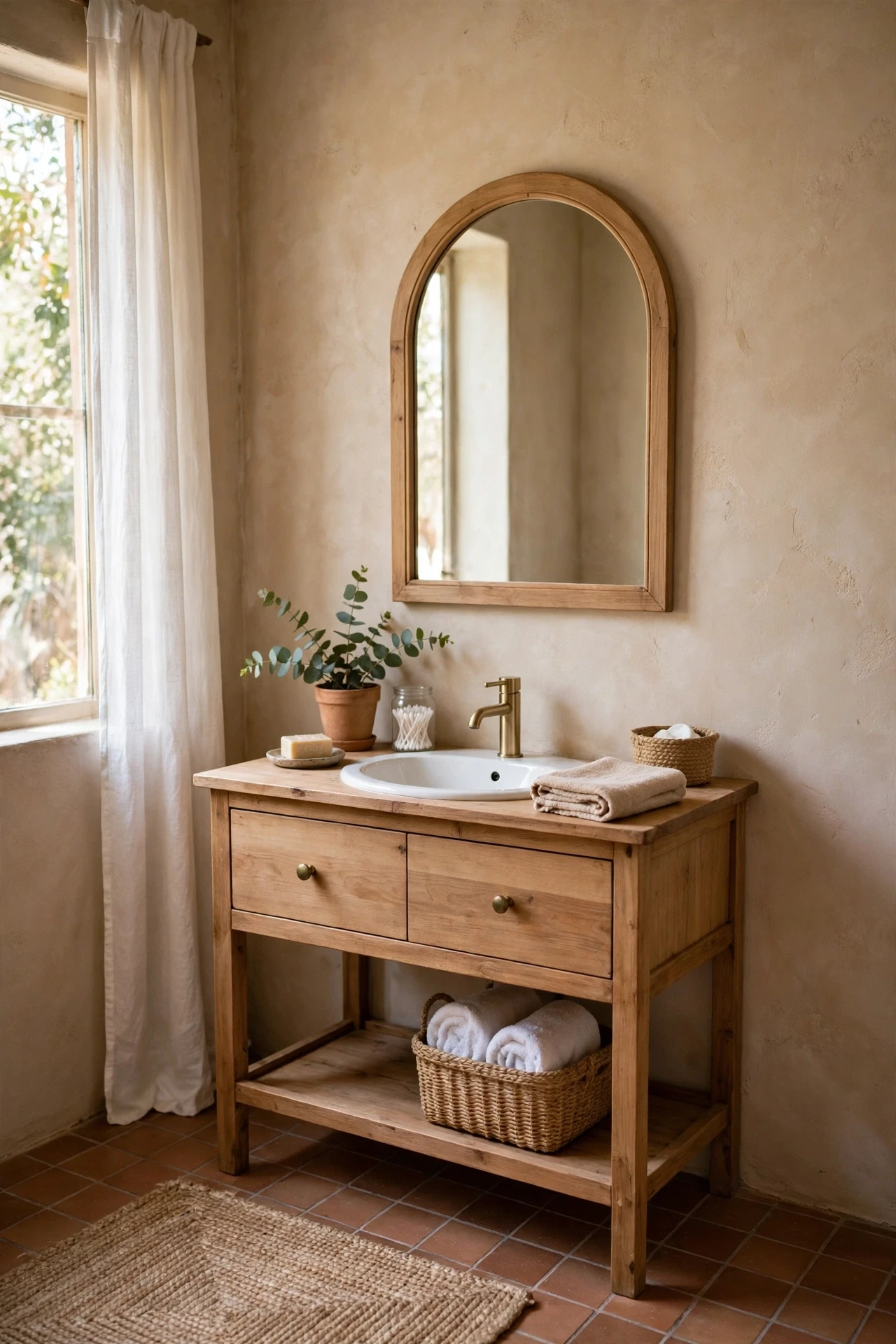 Warm beige plaster-look bathroom walls with arched mirror and wooden vanity