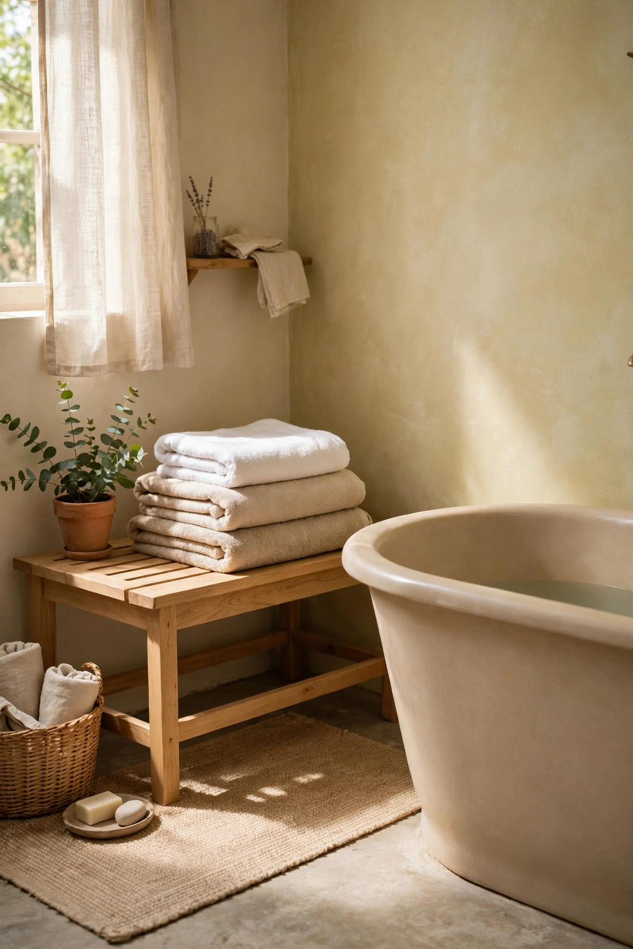 Light oak spa bench with folded towels beside a beige bathtub