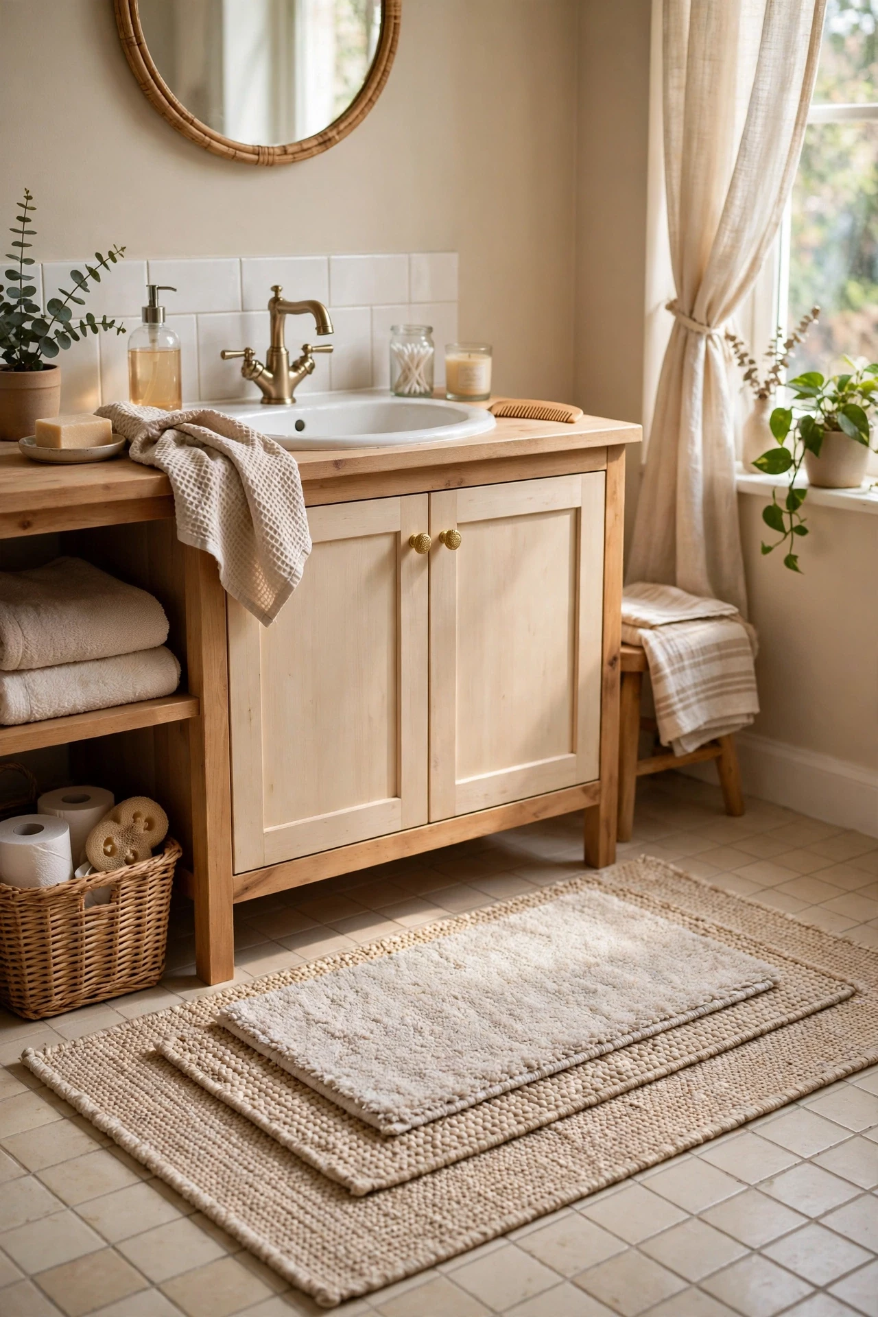 Layered beige bath rugs in front of a bathroom vanity