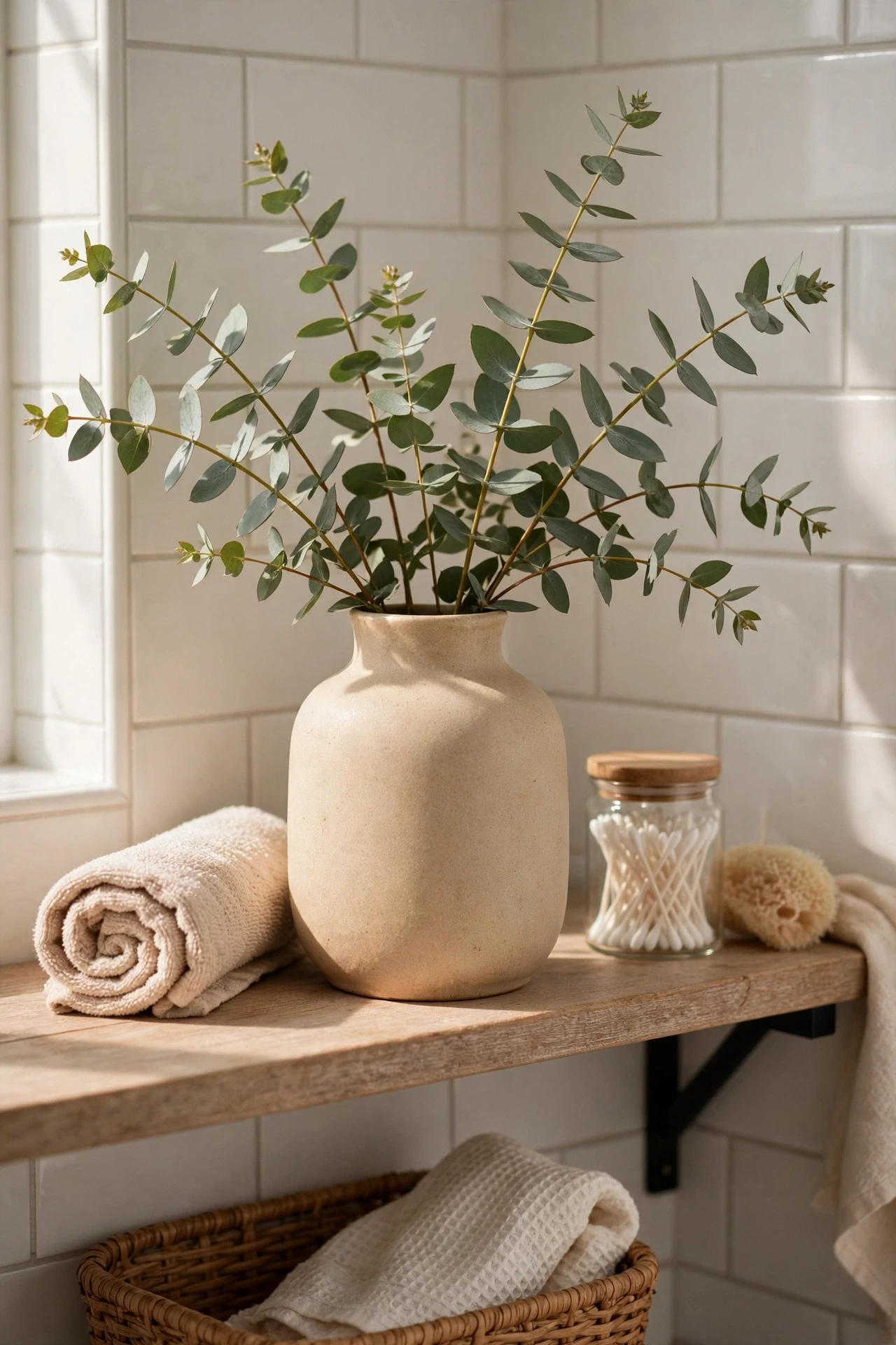 Eucalyptus sprigs in a beige ceramic vase on a bathroom shelf