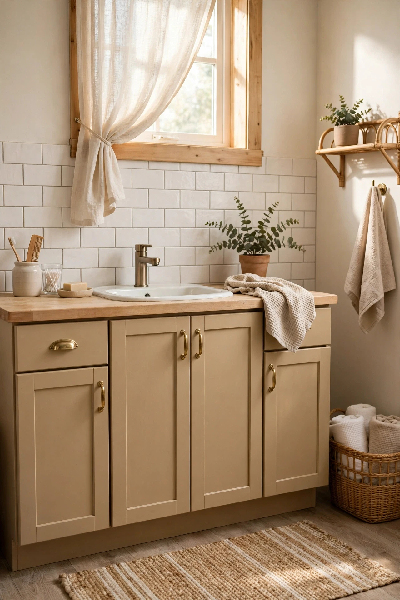Bathroom cabinets painted warm beige with brass handles