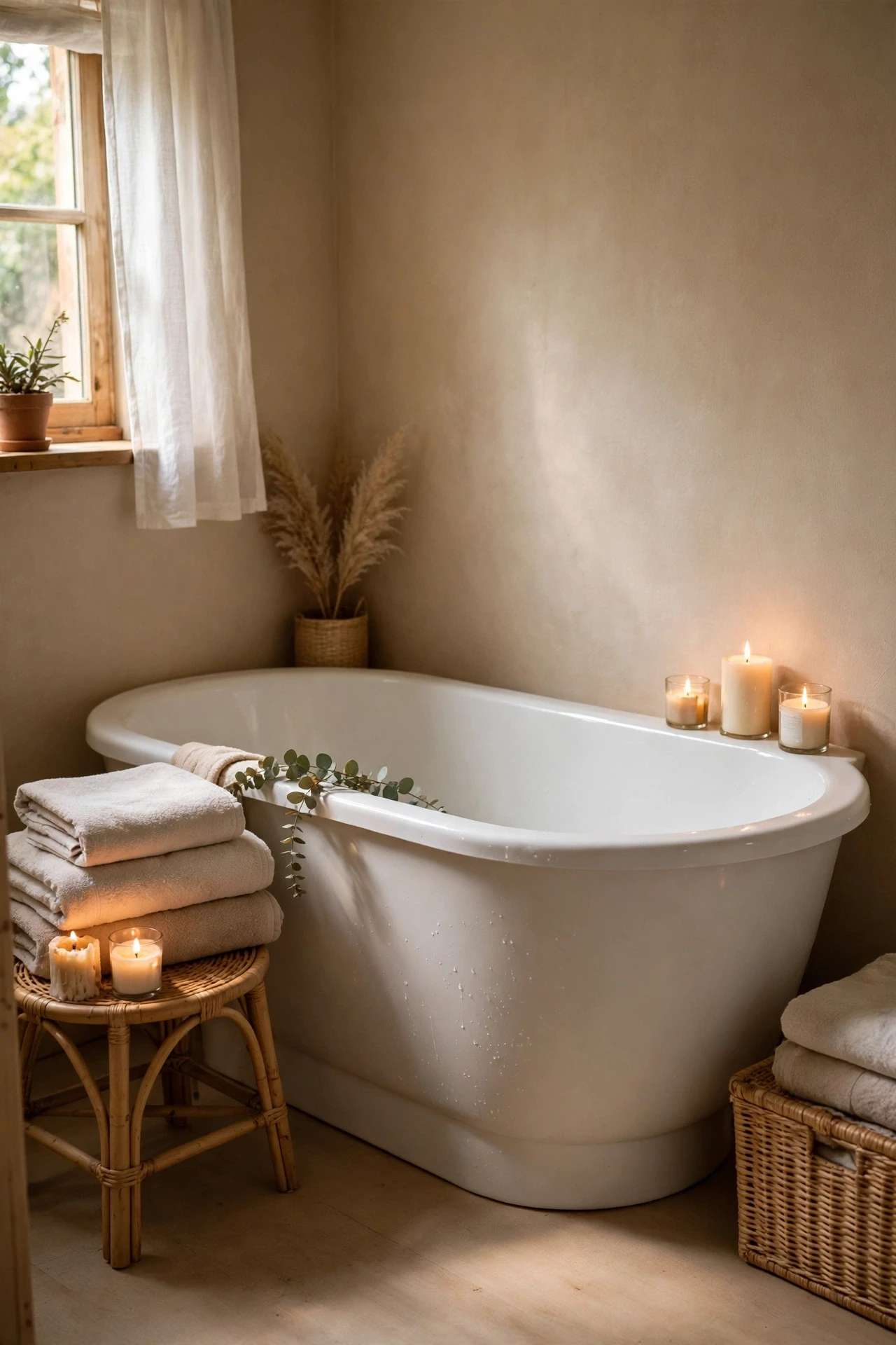 Freestanding tub in a beige bathroom corner with candles and folded towels