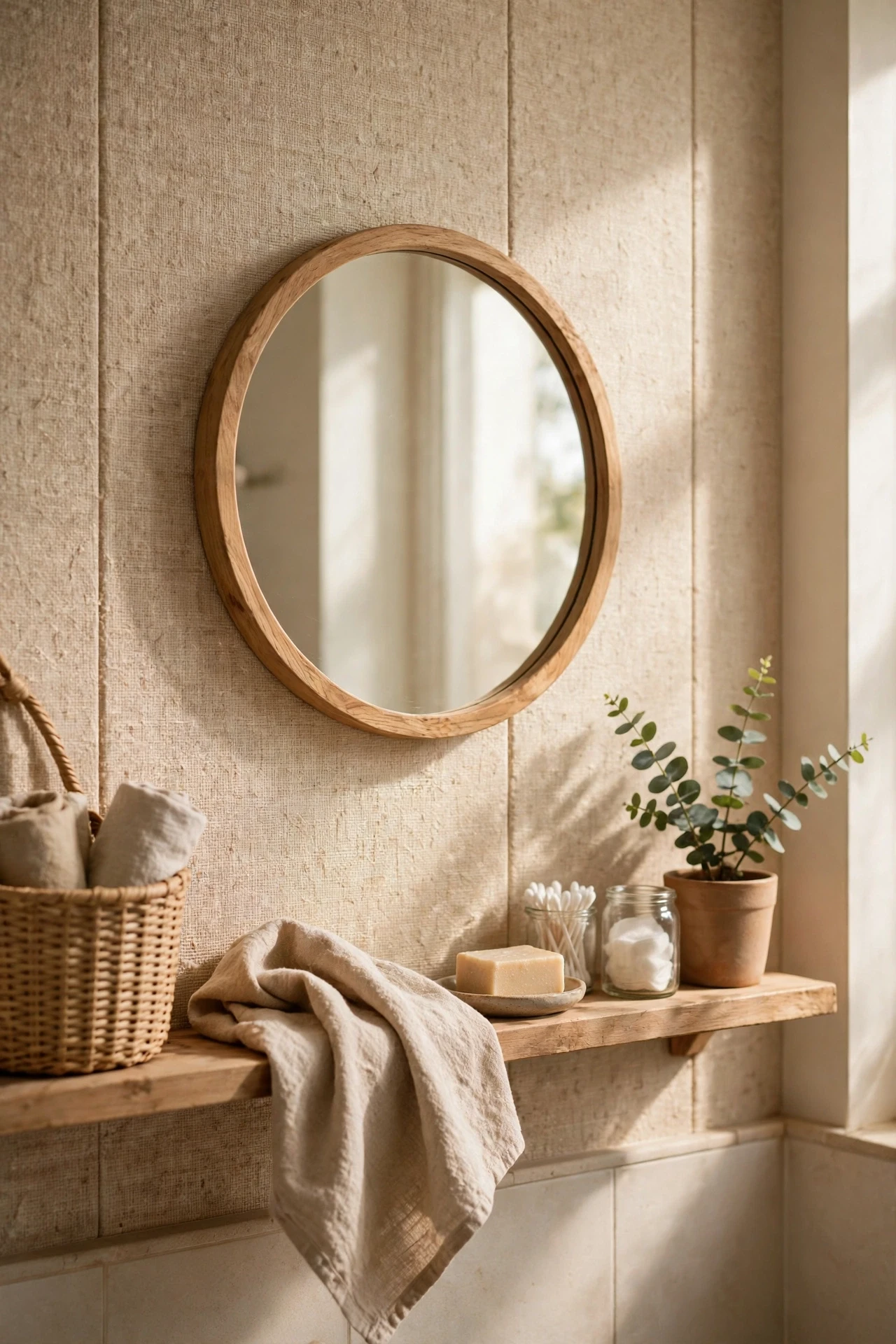 Textured beige wallpaper panel behind a bathroom mirror