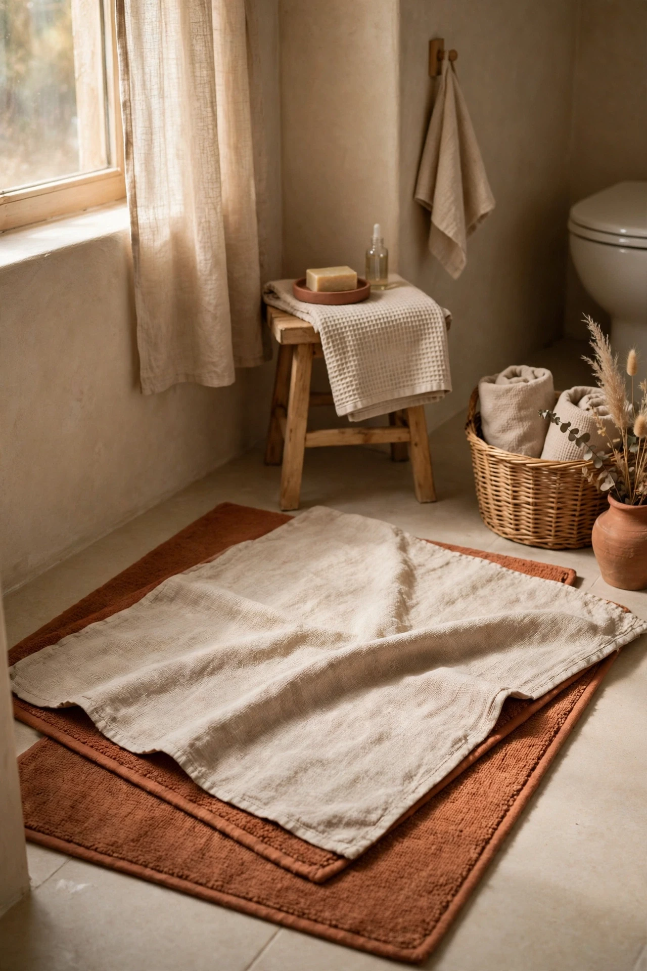 Flax linen and clay coloured bath mats layered in a beige bathroom