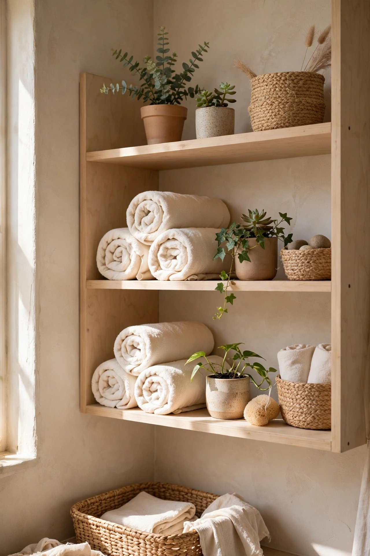 Beige open shelves with rolled cream towels and small plants