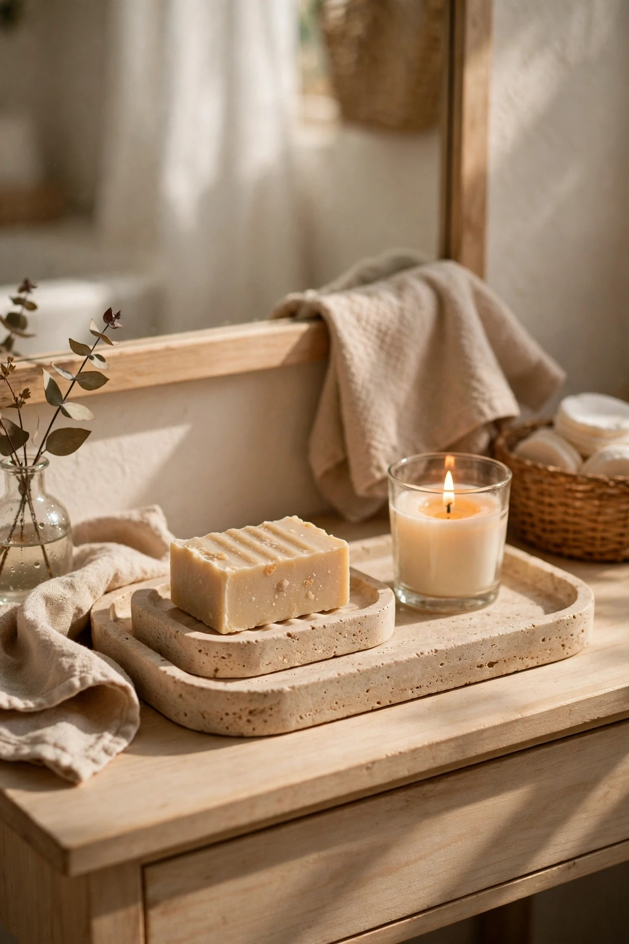 Travertine soap dish and tray with soap and candle on a vanity