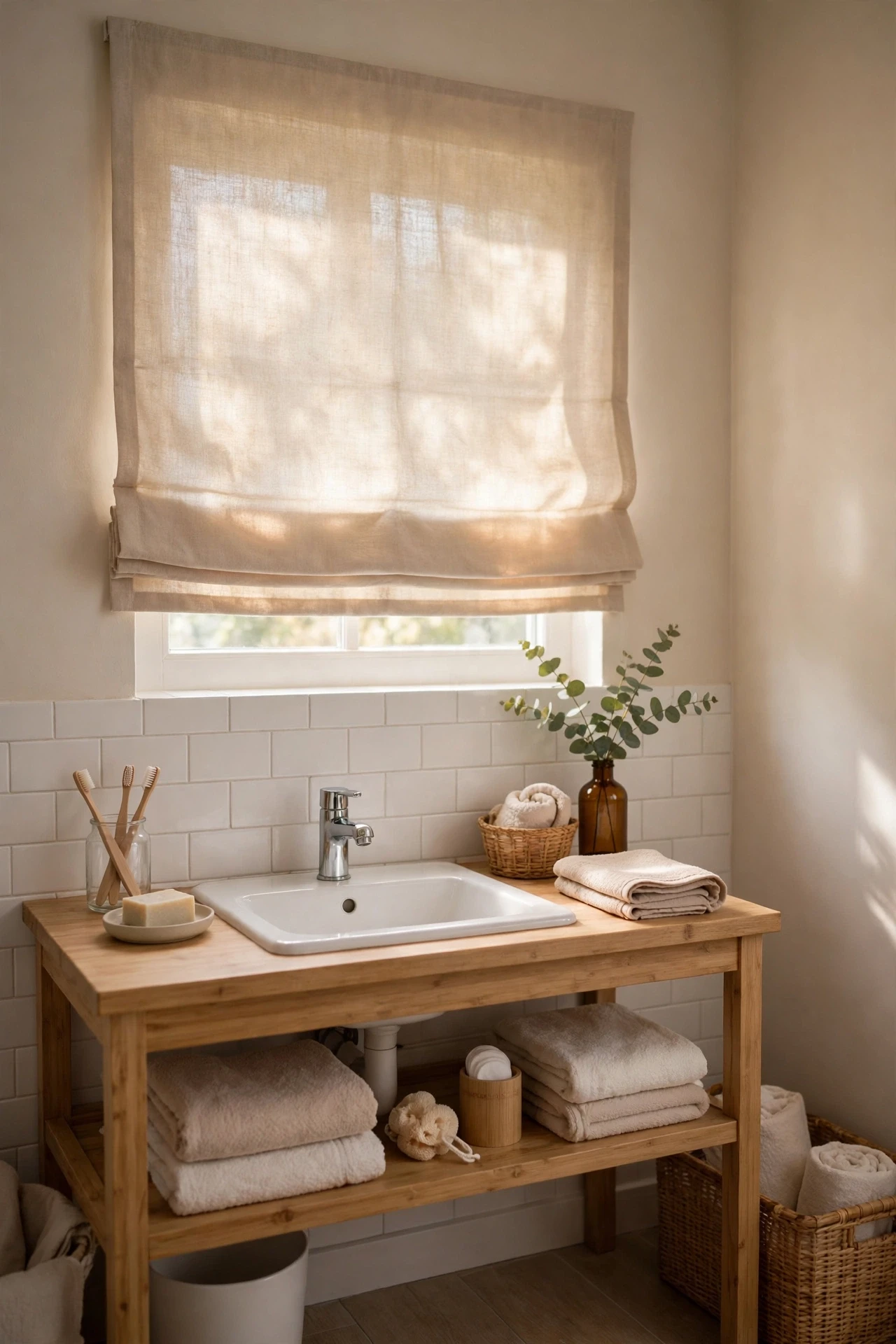 Soft beige roman shade on a bathroom window with daylight filtering through