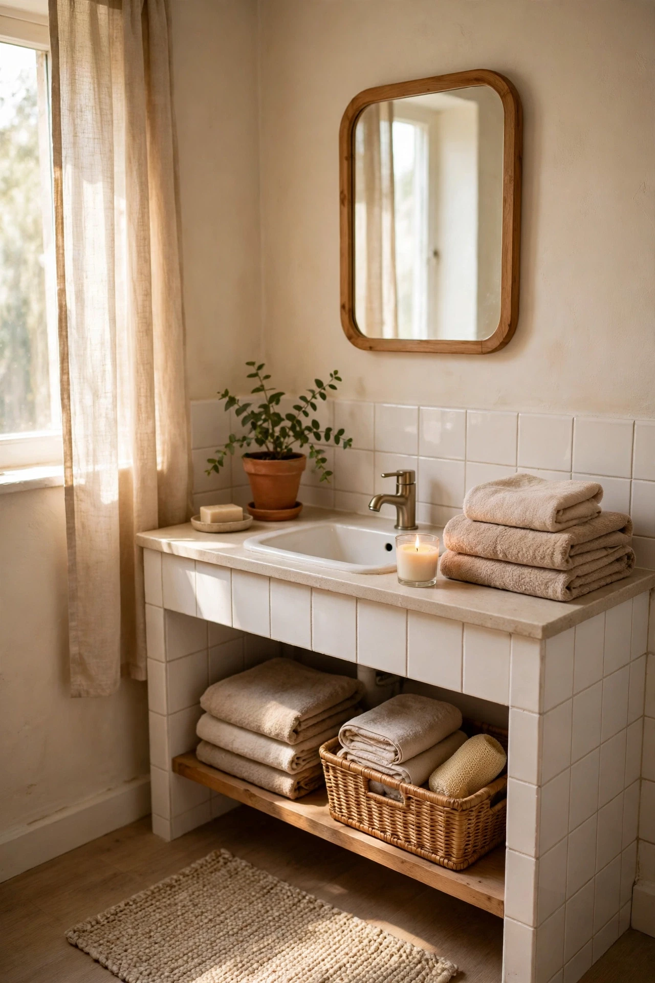 Warm white and beige bathroom with folded towels, candle and small plant