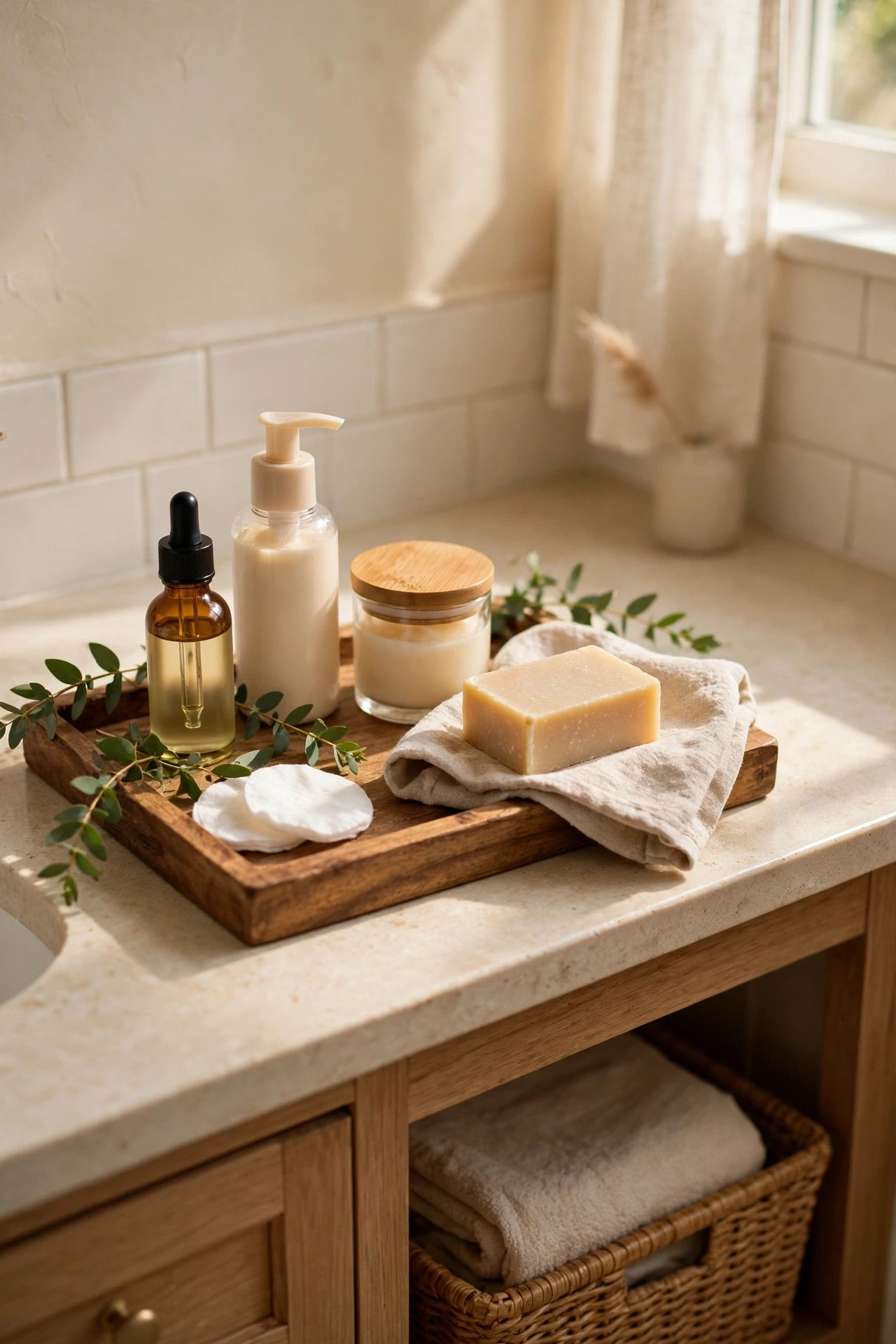 Wooden tray with skincare bottles and soap on a bathroom vanity