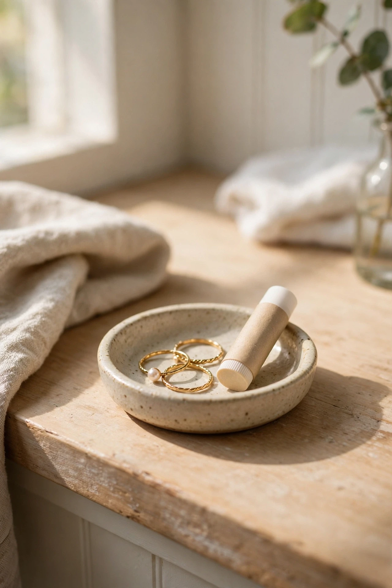 Small ceramic dish with rings and lip balm on a bathroom vanity