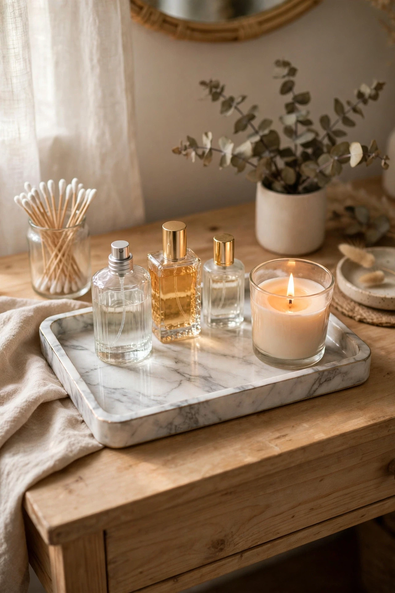Marble-look tray with perfume bottles and candle on a vanity