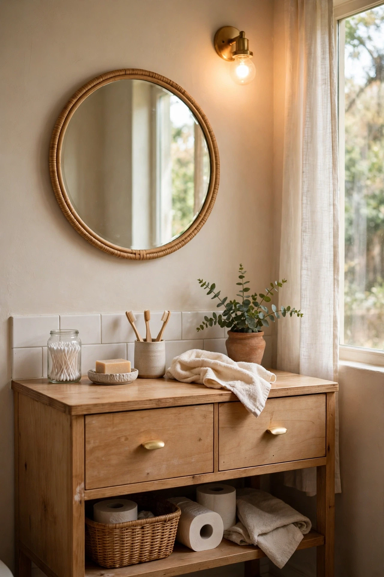 Round mirror above a bathroom vanity with warm light