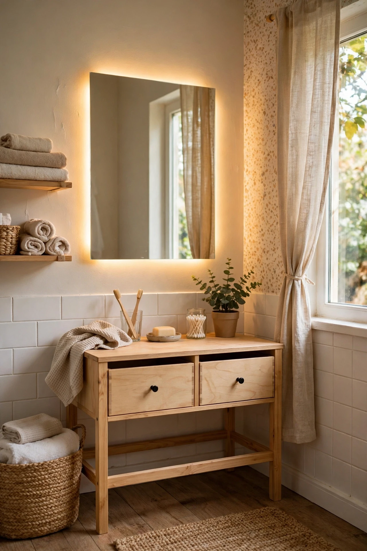 Warm LED strip glowing behind a bathroom mirror above a vanity