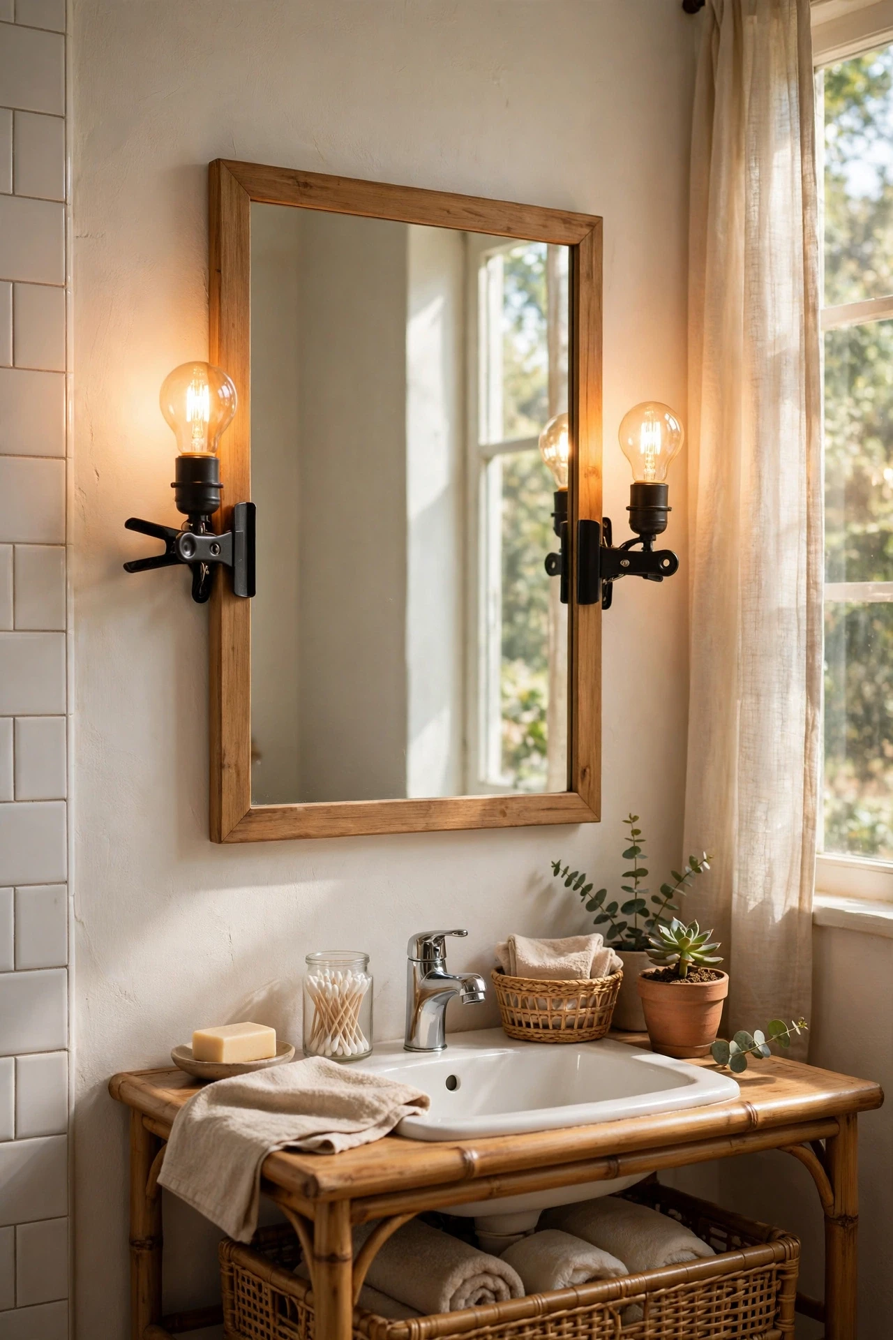 Clip-on sconces with warm bulbs beside a bathroom mirror