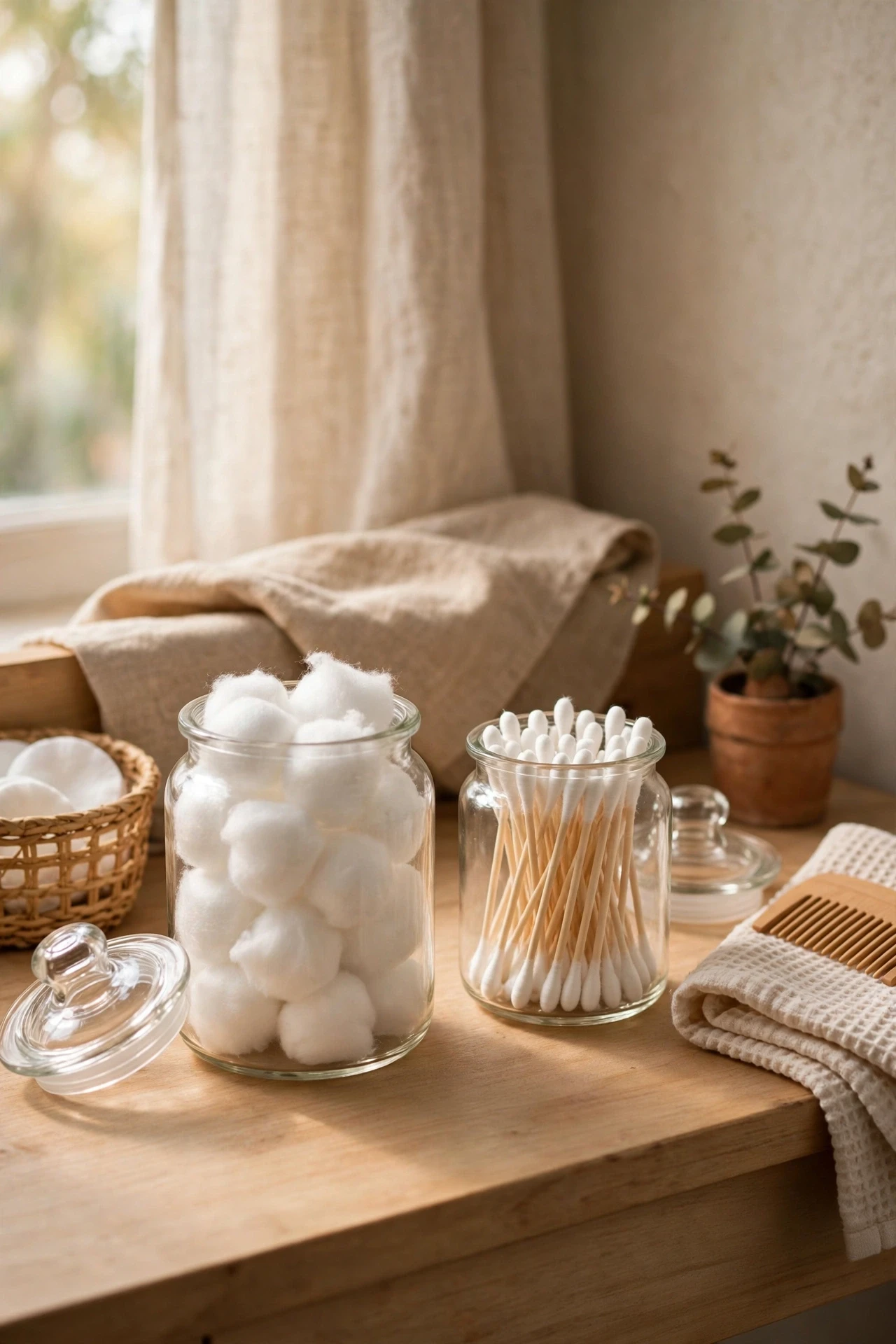 Clear glass jars with cotton balls and swabs on a vanity