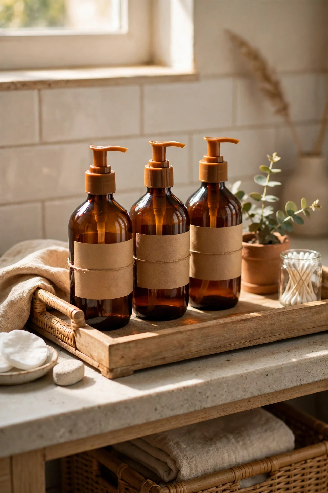 Amber pump bottles with labels on a bathroom vanity tray