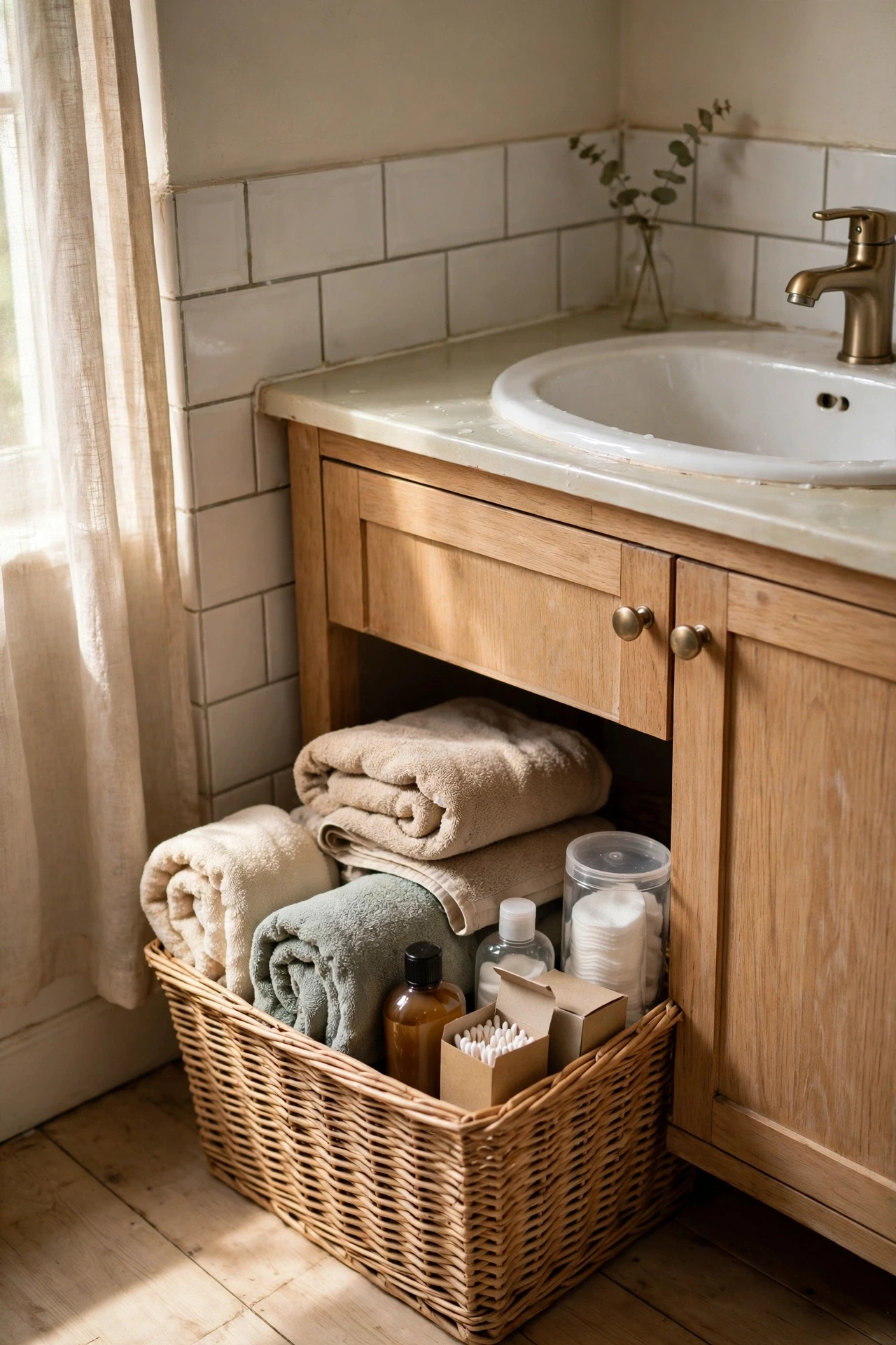 Wicker basket under a bathroom vanity holding towels and spare toiletries