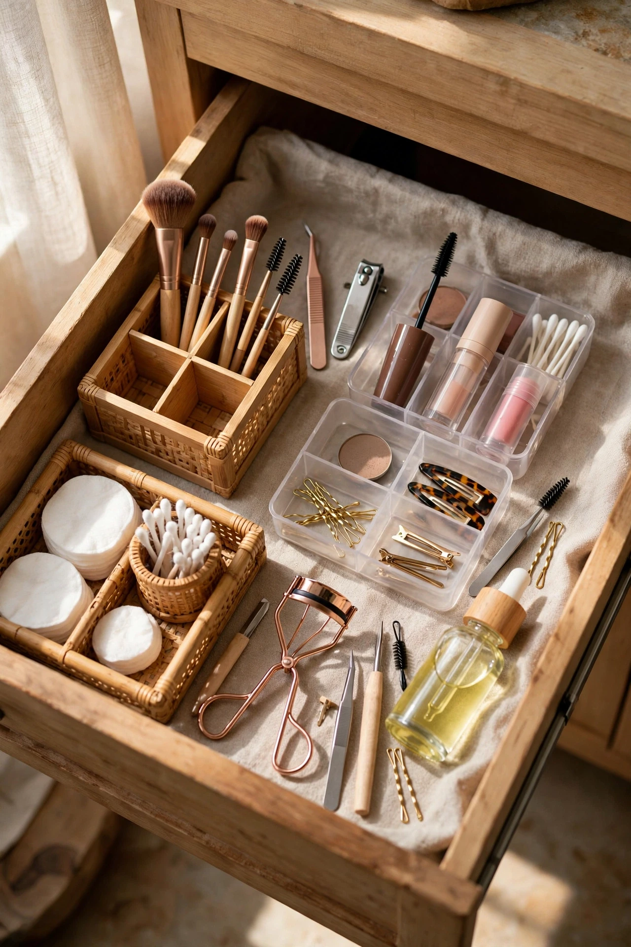 Bathroom vanity drawer with small organisers holding makeup and tools