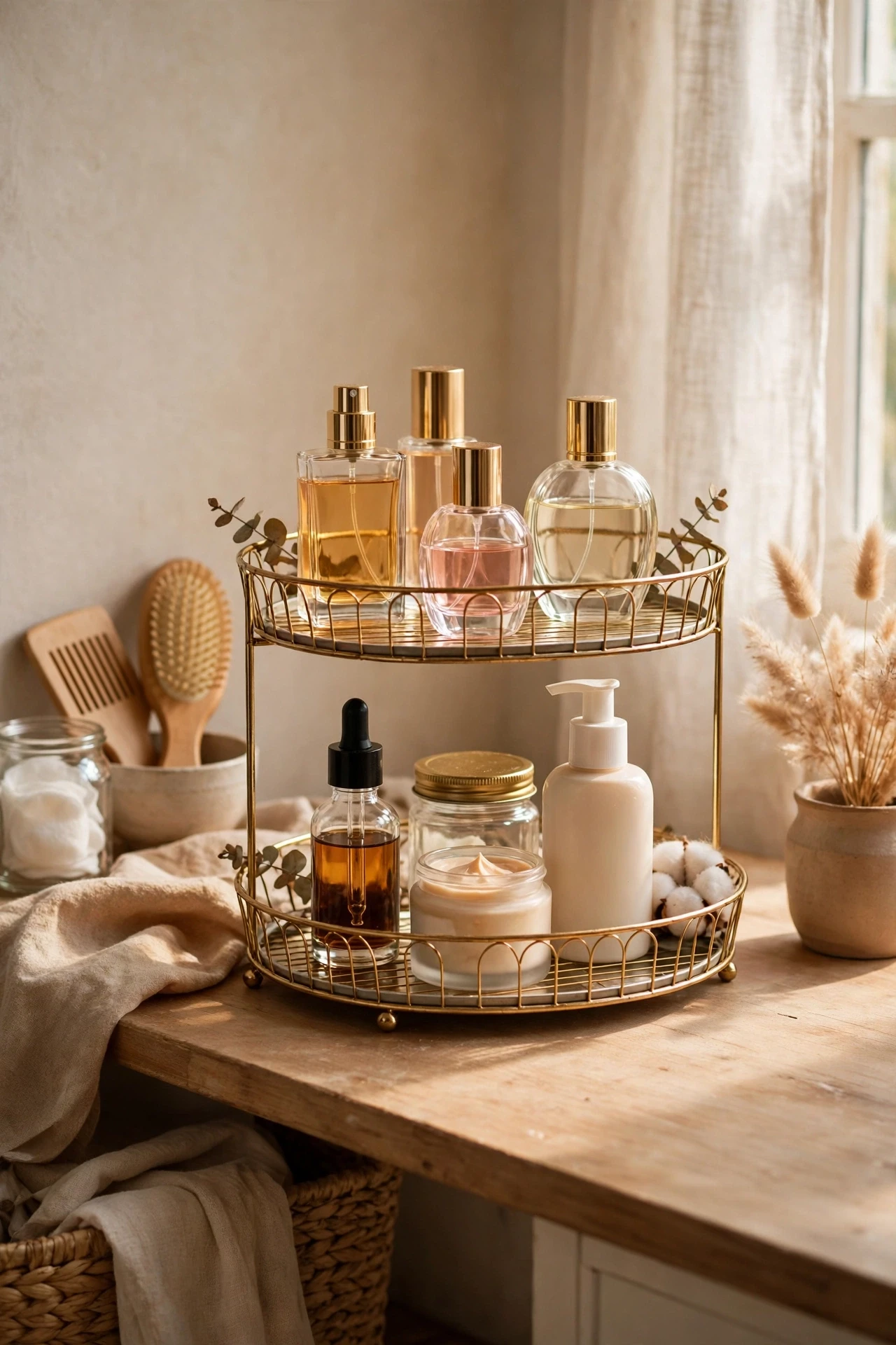 Two-tier tray with perfume and skincare bottles on a vanity