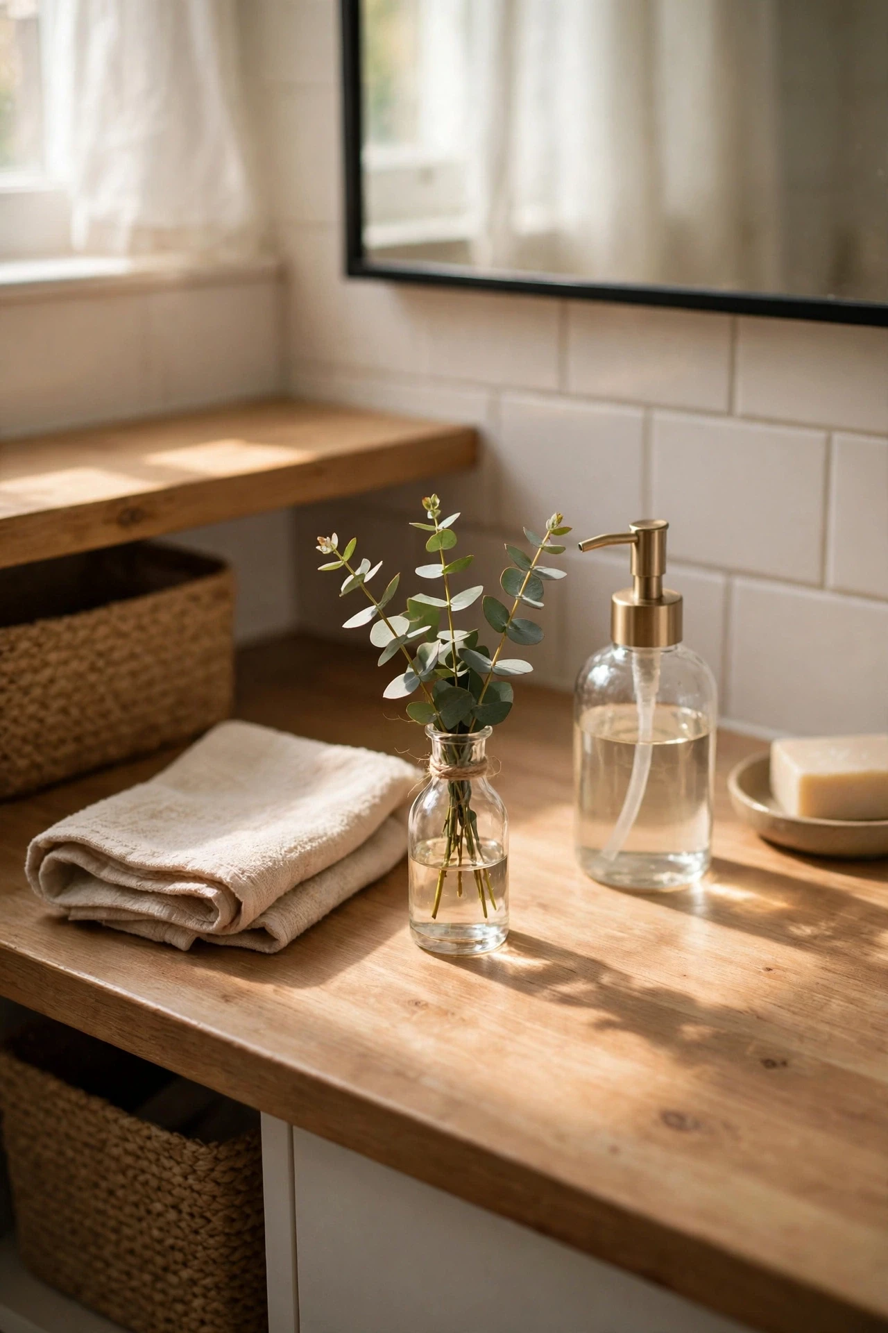 Tiny eucalyptus bundle in a bud vase on a bathroom vanity