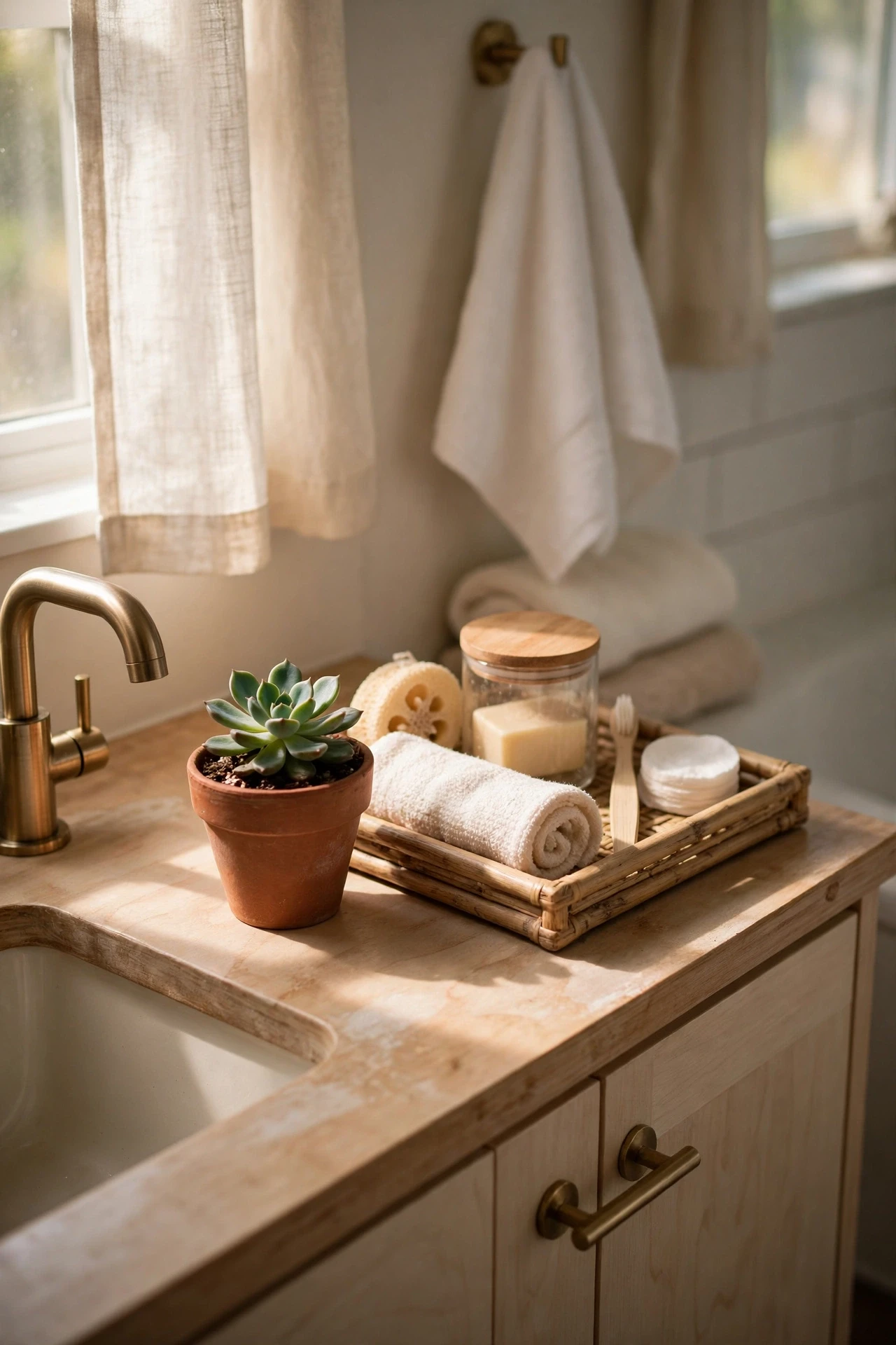Small potted succulent on a bathroom vanity beside a tray