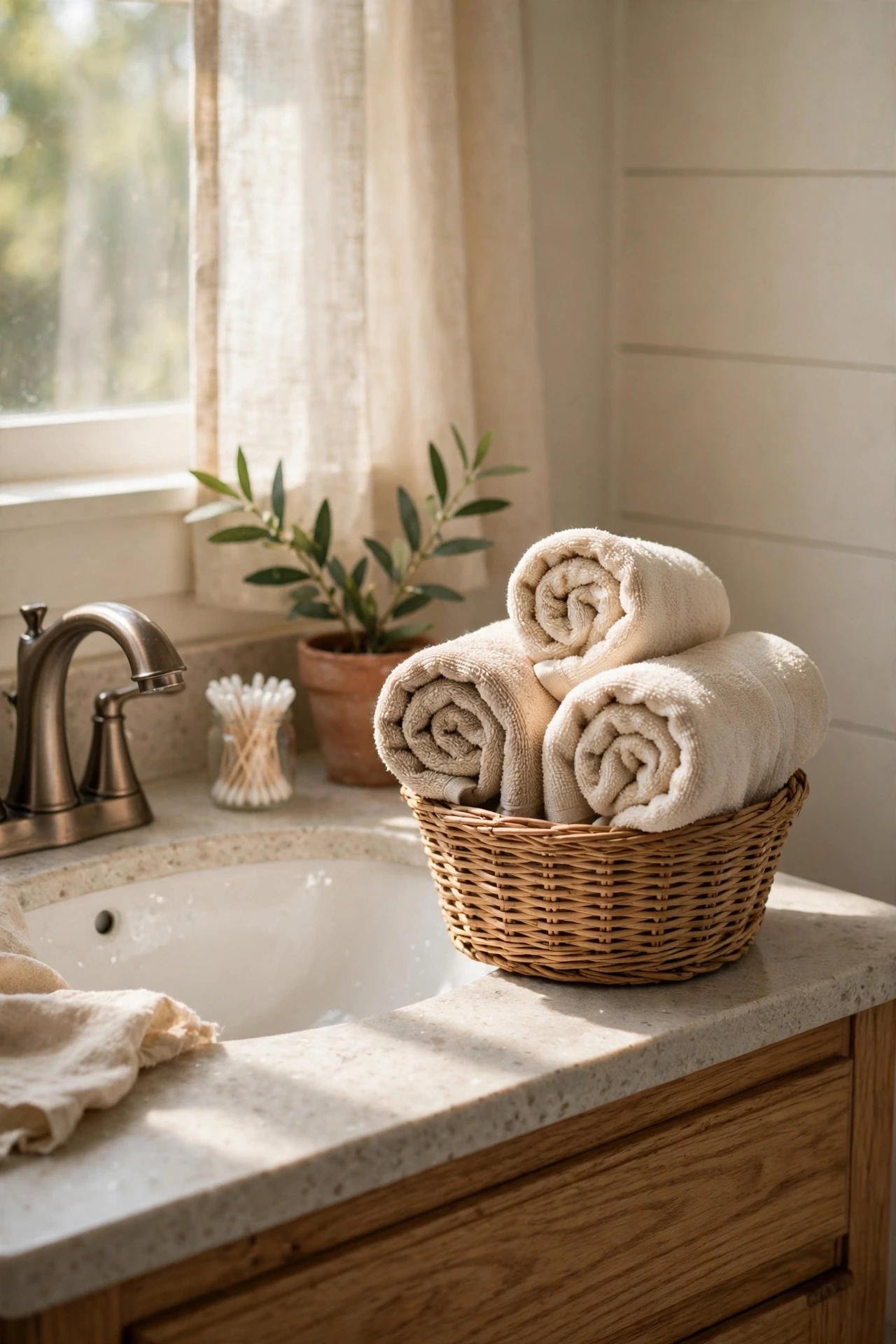 Rolled hand towels in a small basket on a bathroom vanity