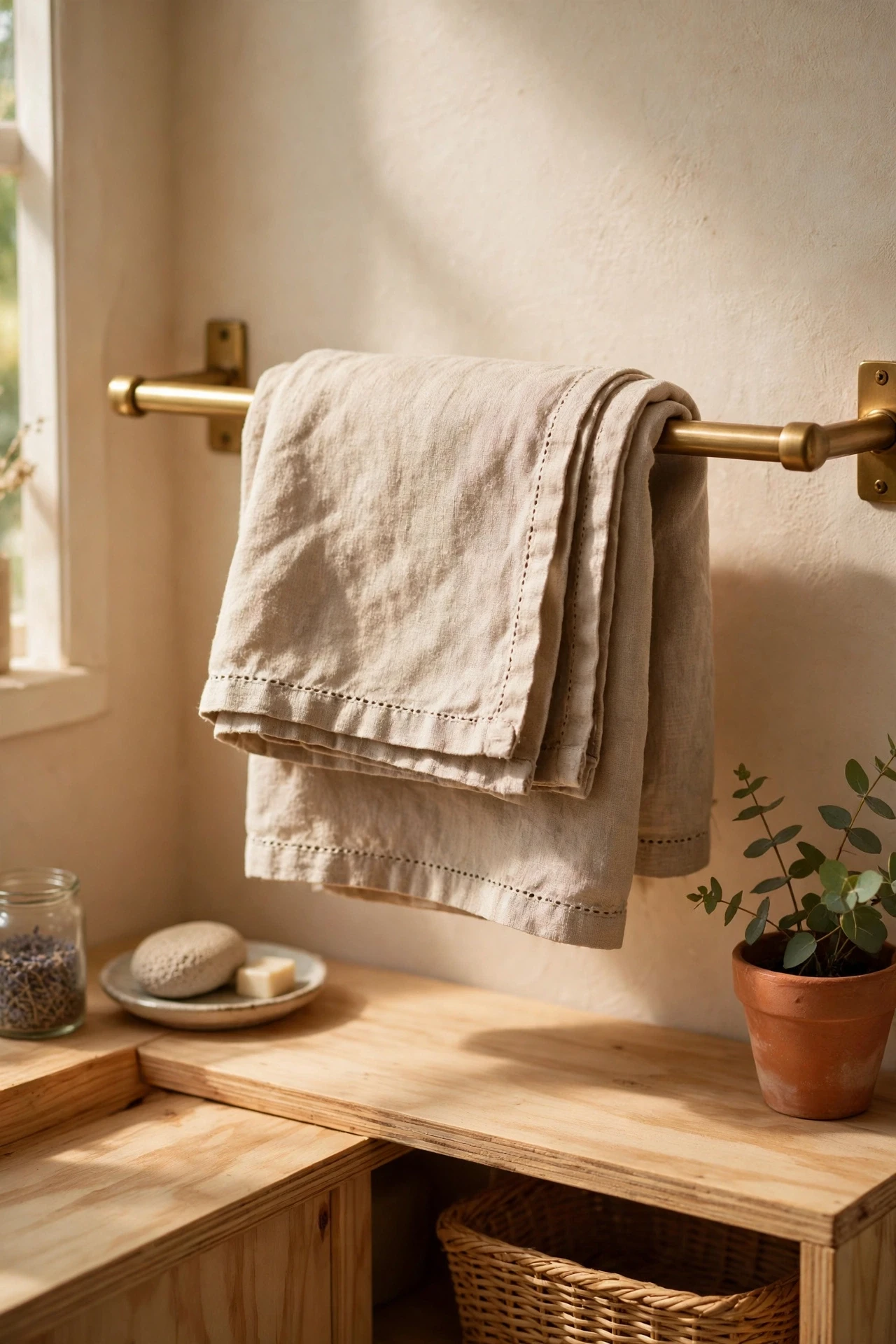 Folded linen hand towel with simple hem on a vanity rail