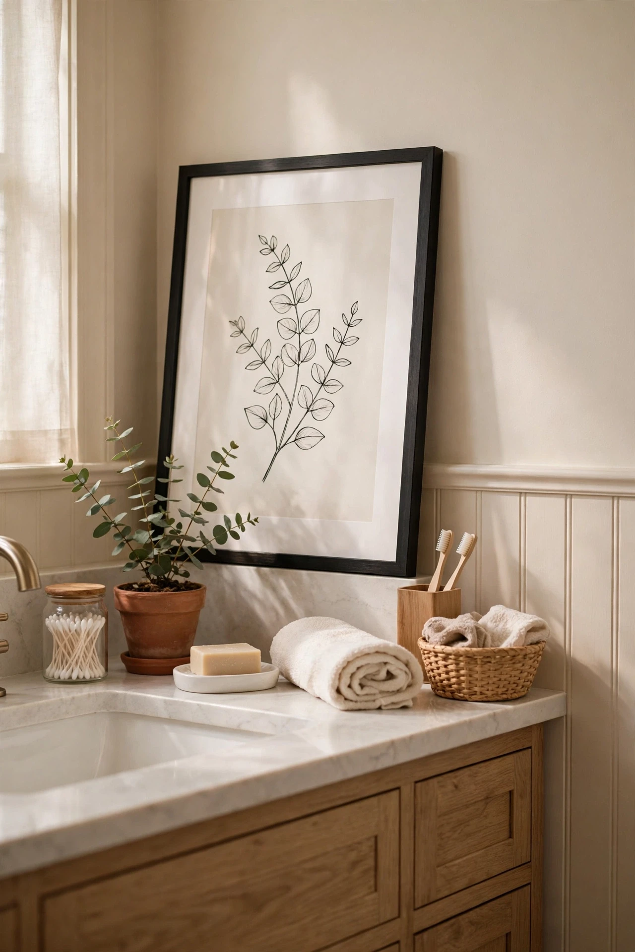 Framed budget art print leaning on a bathroom vanity wall