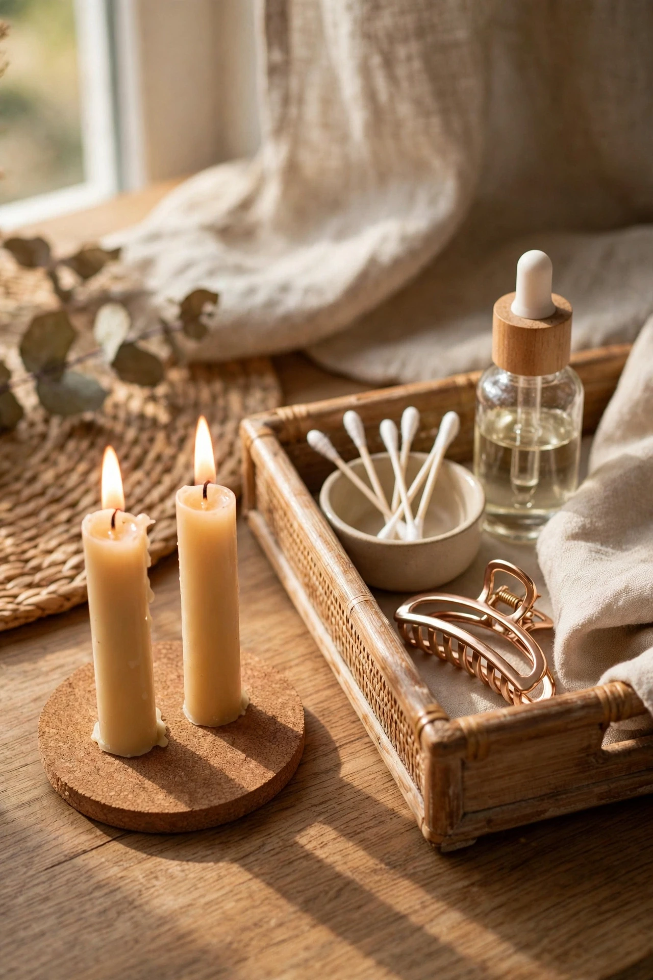 Two candles on a small coaster beside a vanity tray