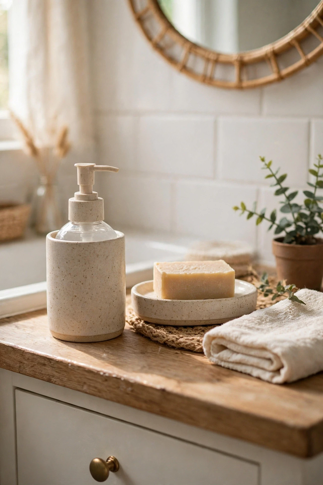 Matching soap dispenser and dish set on a bathroom vanity