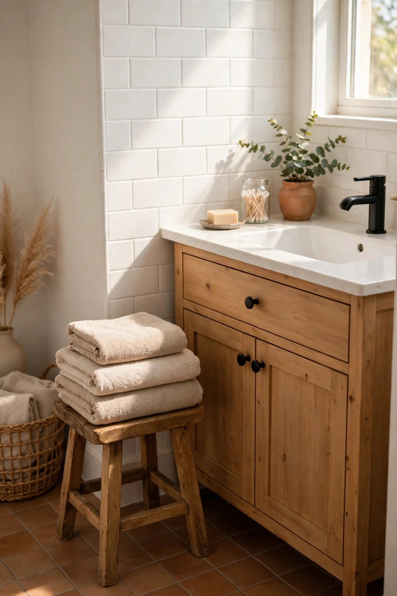 Small wooden stool beside a bathroom vanity holding towels