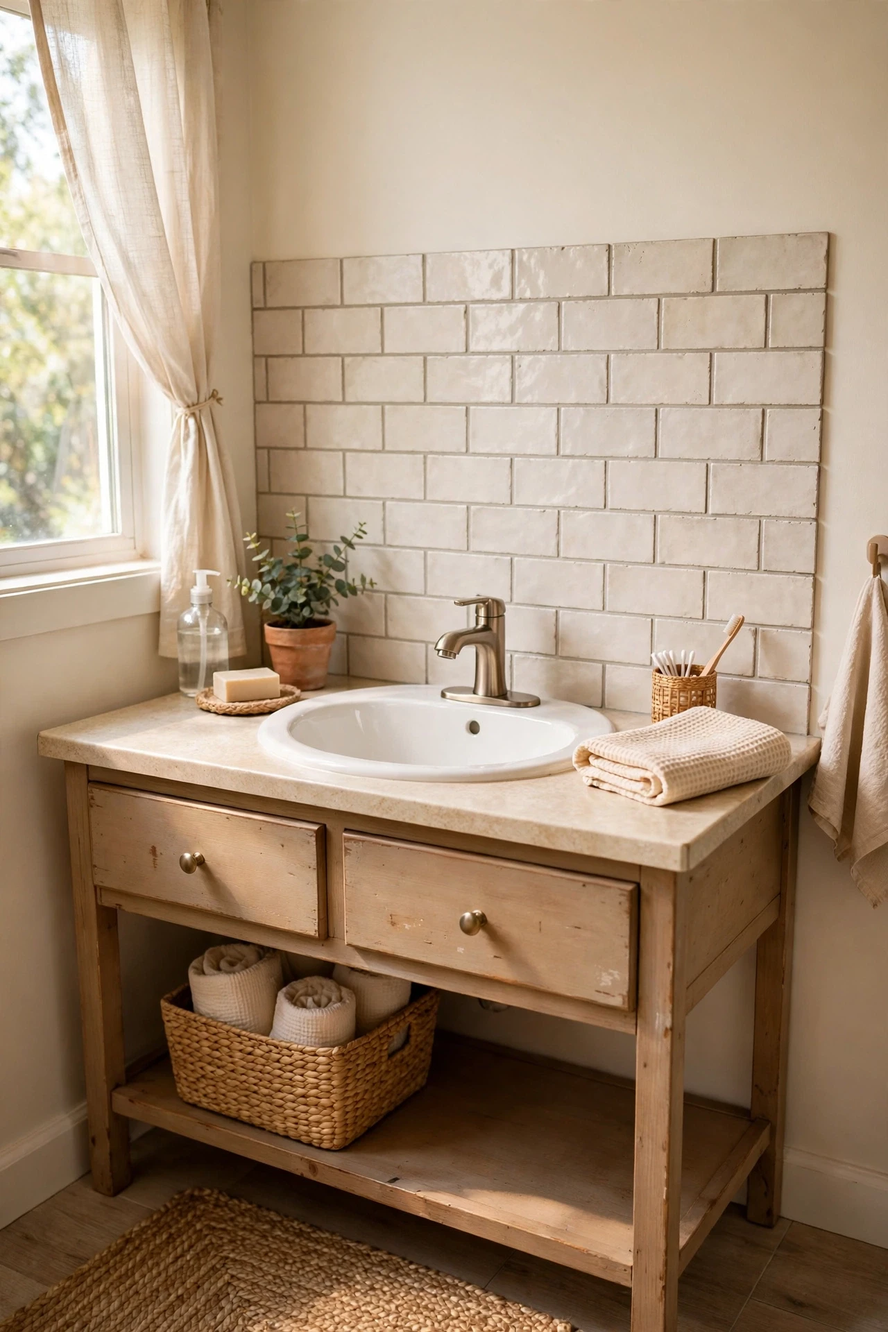 Peel-and-stick tile backsplash behind a bathroom vanity