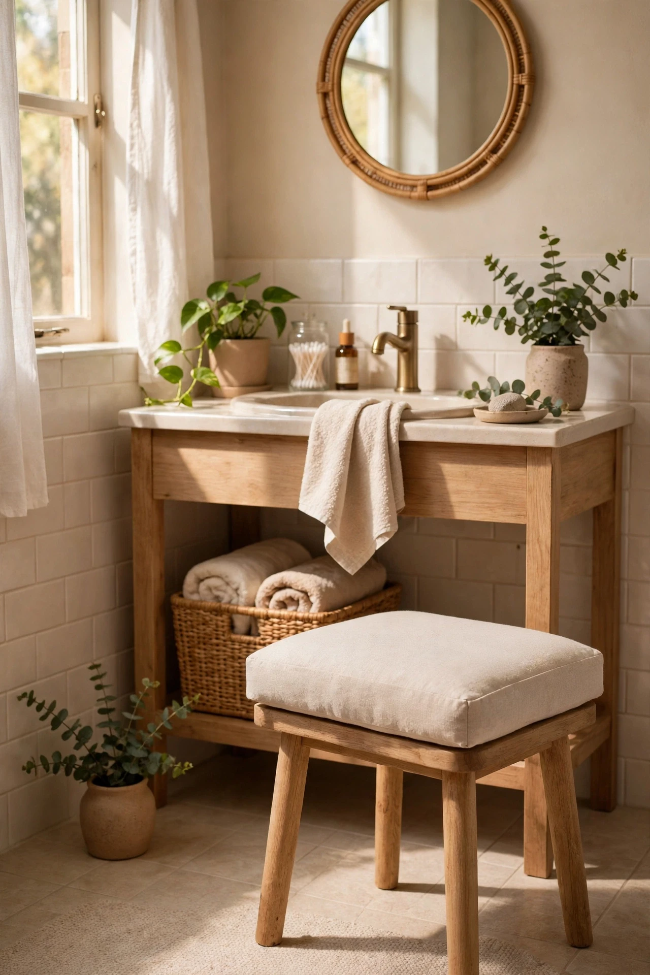 Vanity stool with a fresh neutral cushion cover in a bathroom