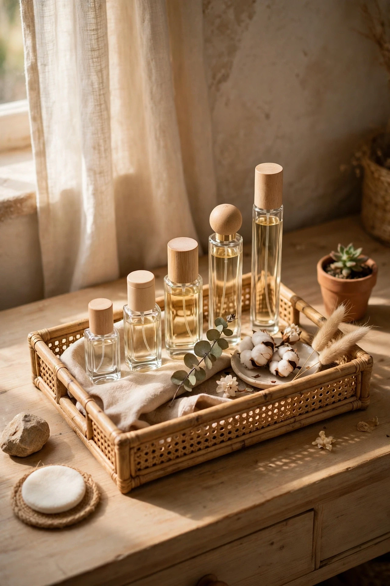 Perfume bottles arranged by height on a small vanity tray