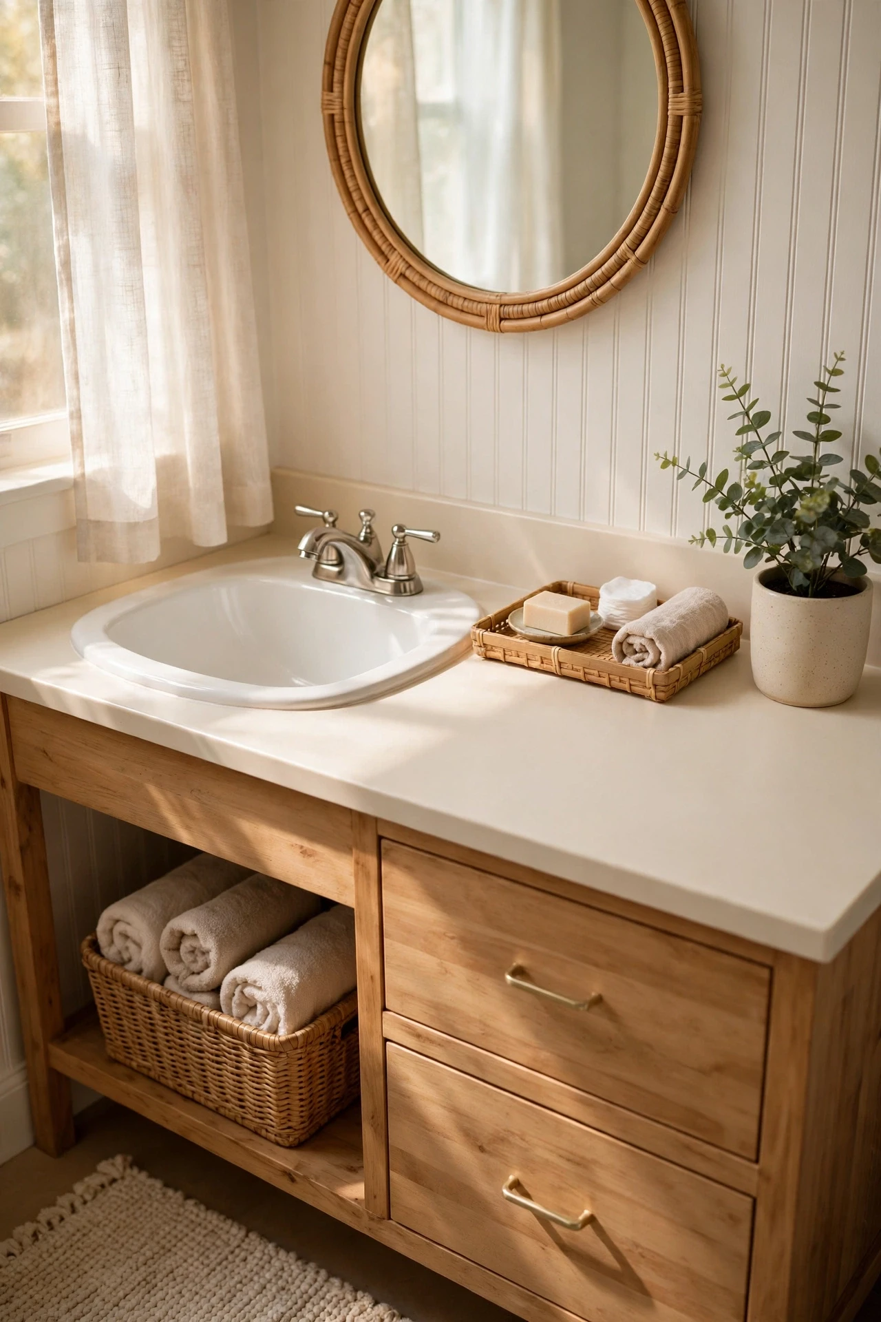 Tidy bathroom vanity with clear space beside a tray and plant