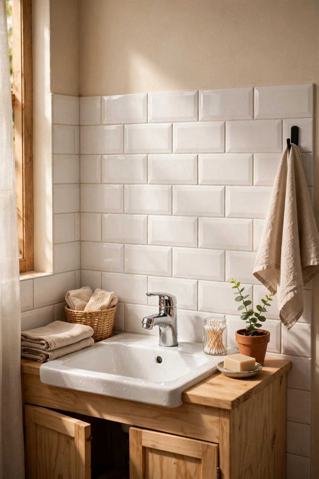 Small bathroom sink wall with peel-and-stick subway tile backsplash