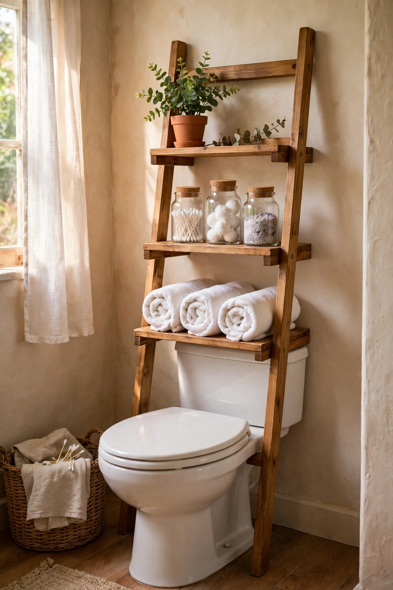 Wooden over-the-toilet shelf with rolled towels and a small plant