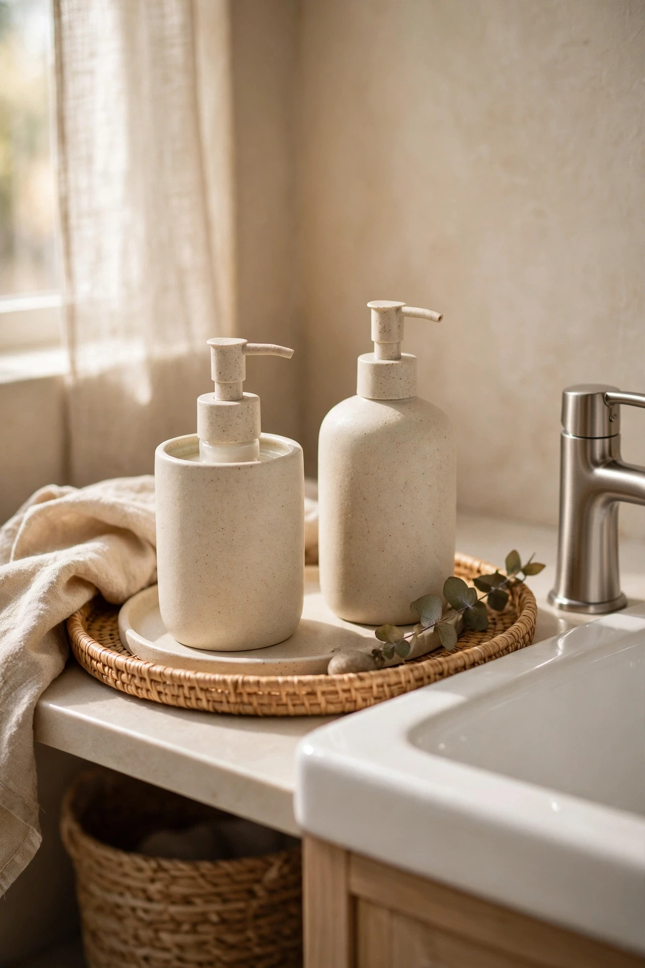 Matching ceramic soap dispenser and lotion bottles on a small bathroom tray