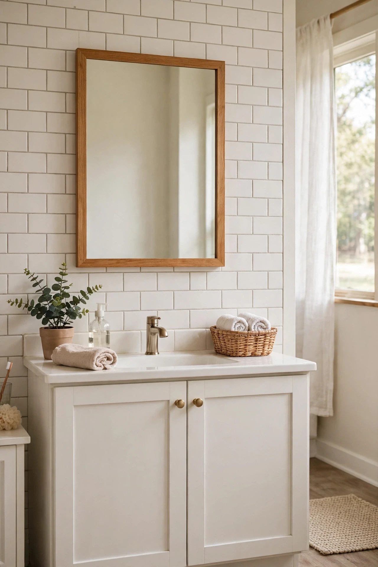 Bathroom mirror with a slim stained wooden frame above a vanity